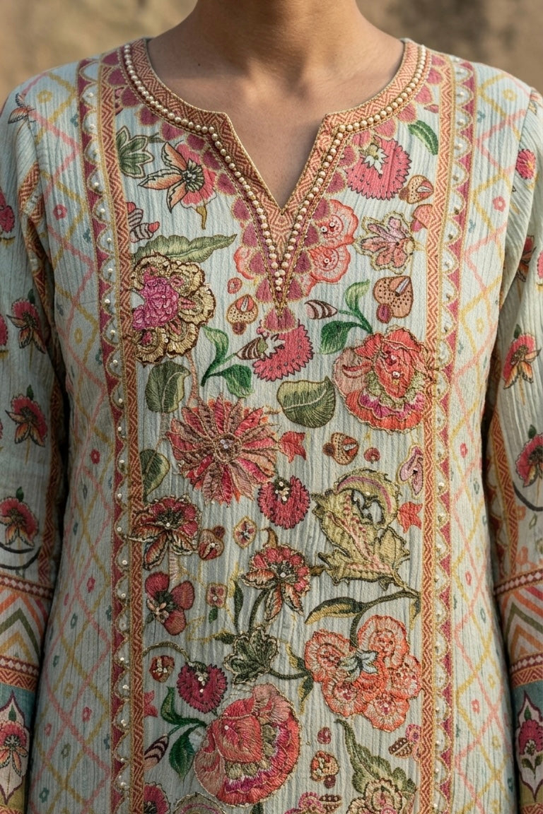Pastel Green Crushed Tissue Floral Suit Set