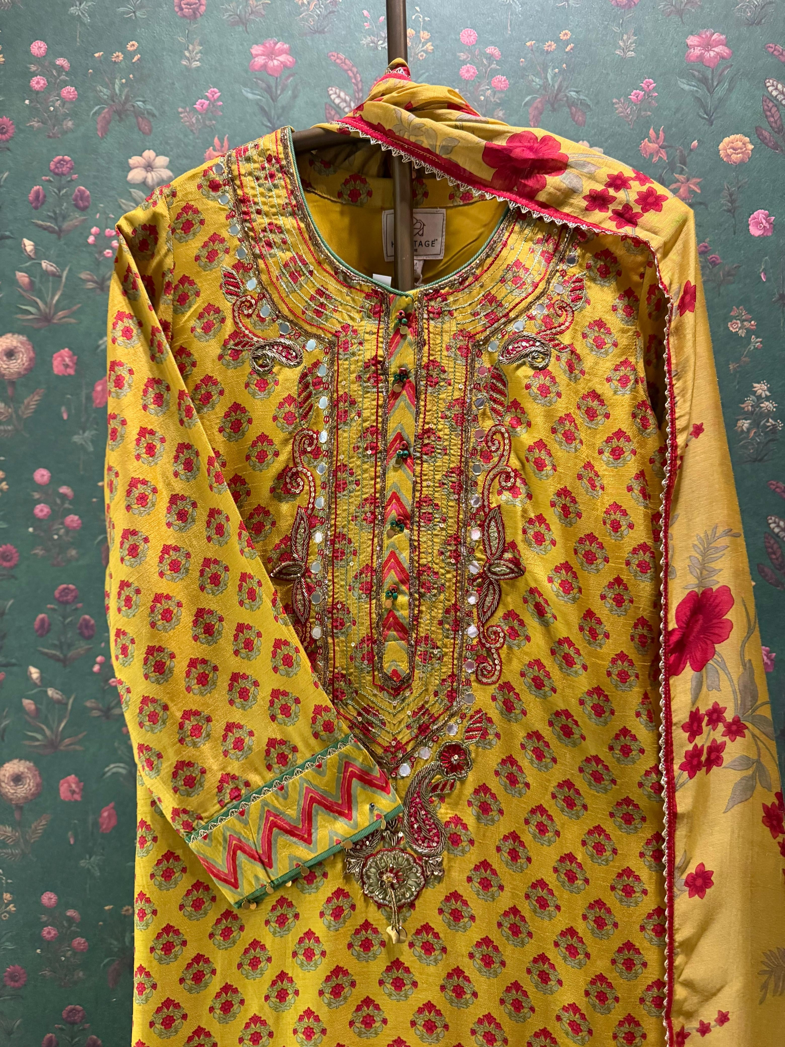 Sunshine Yellow Floral Chanderi Silk Suit Set | HER-636