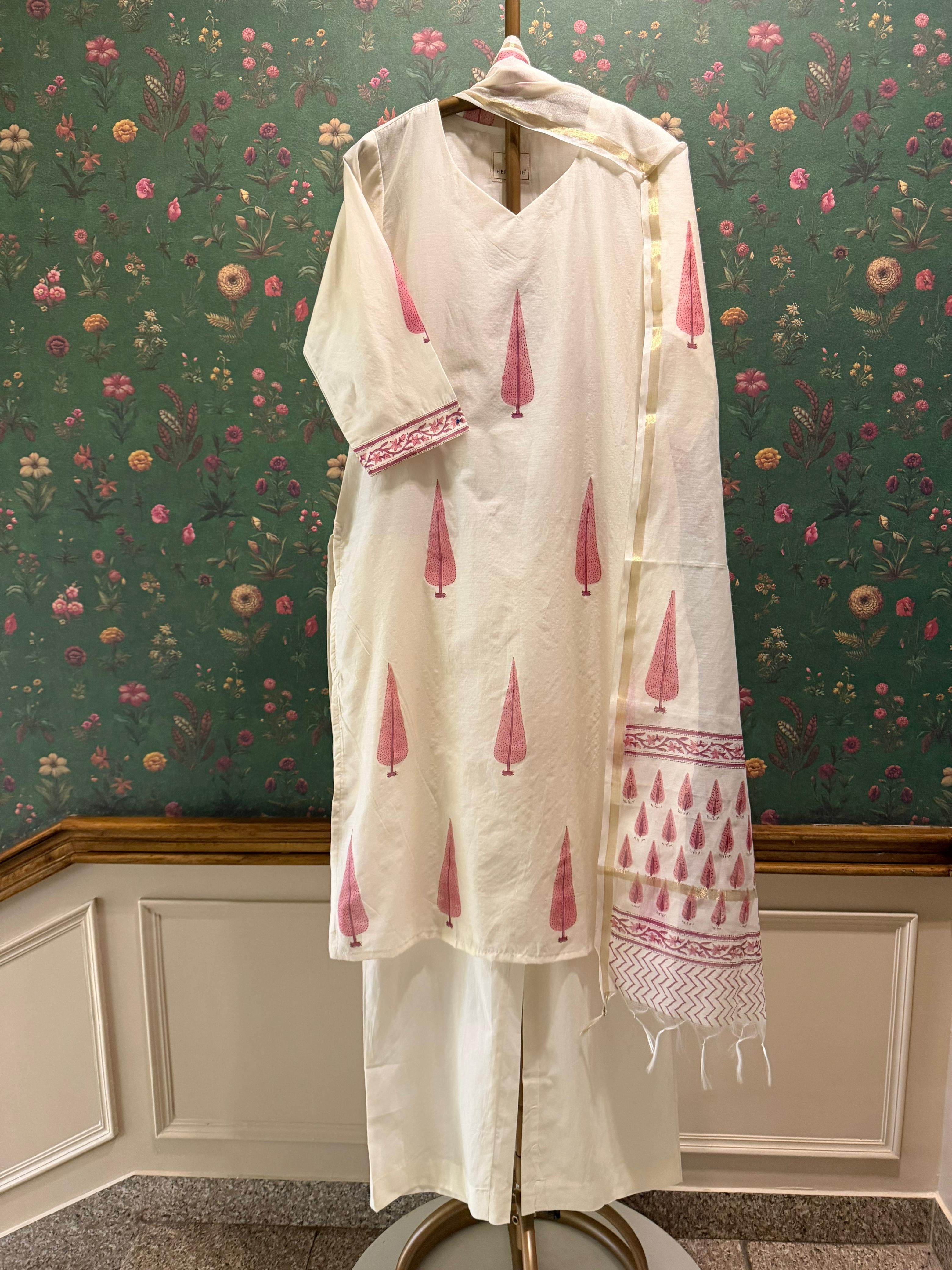 Ivory White & Rose Pink Printed Chanderi Suit Set | HER-760