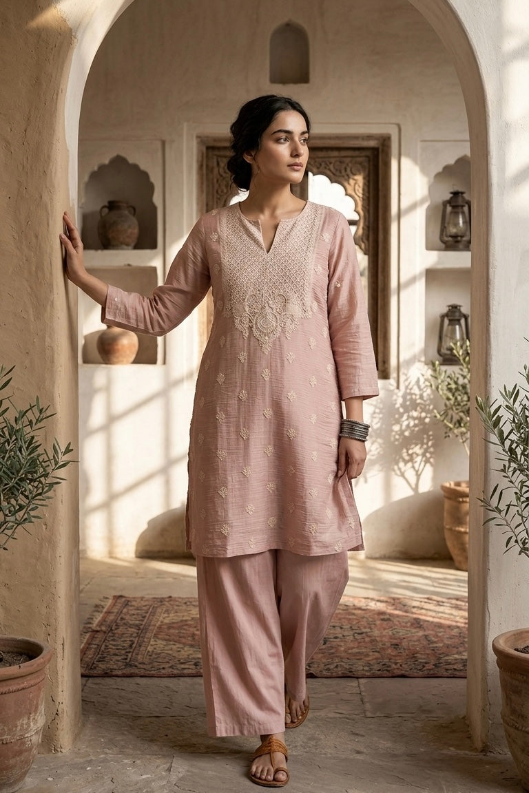 Pastel Pink Mul-Chanderi Kurta Set