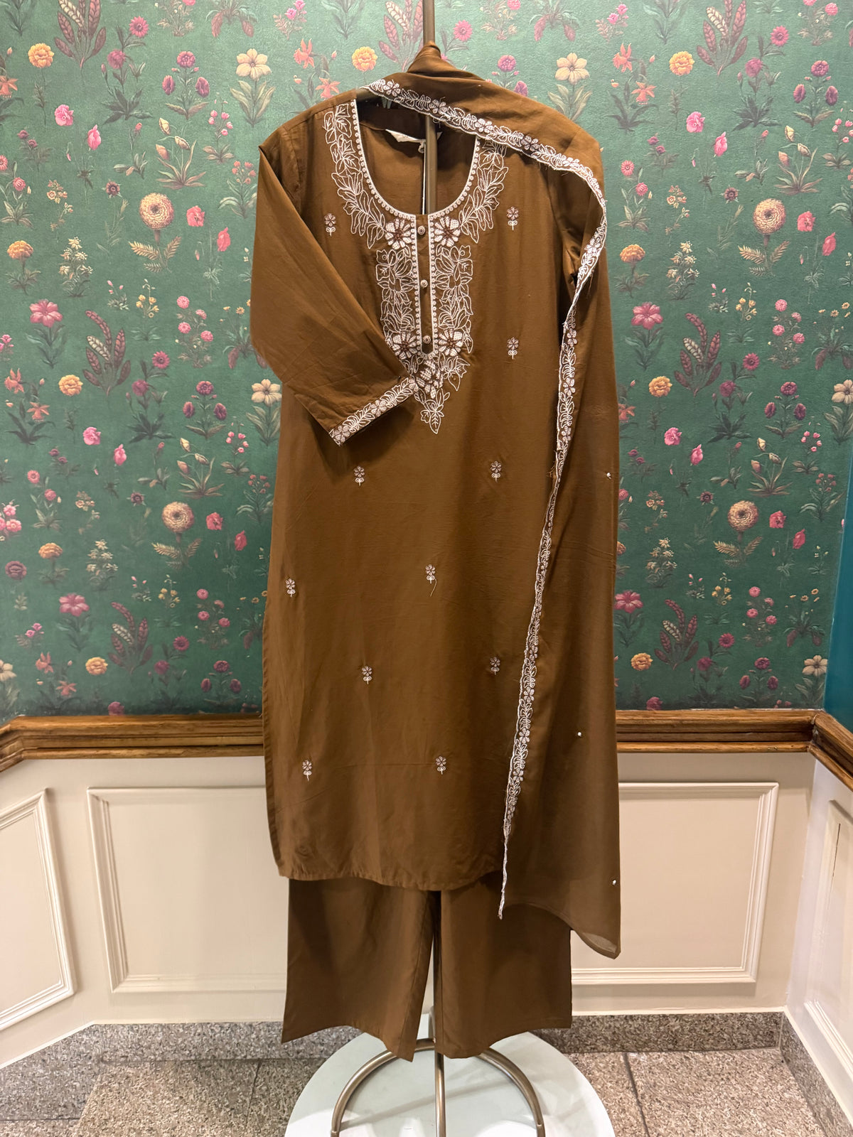 Cocoa Brown Embroidered Cotton Suit Set | HER-686