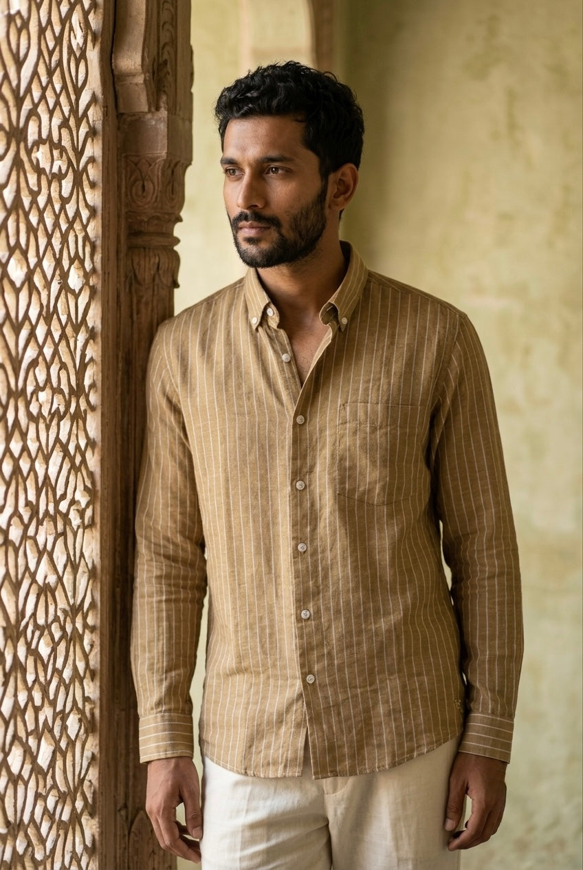 Tan Stripe Men’s Pure Linen Full Sleeves Shirt