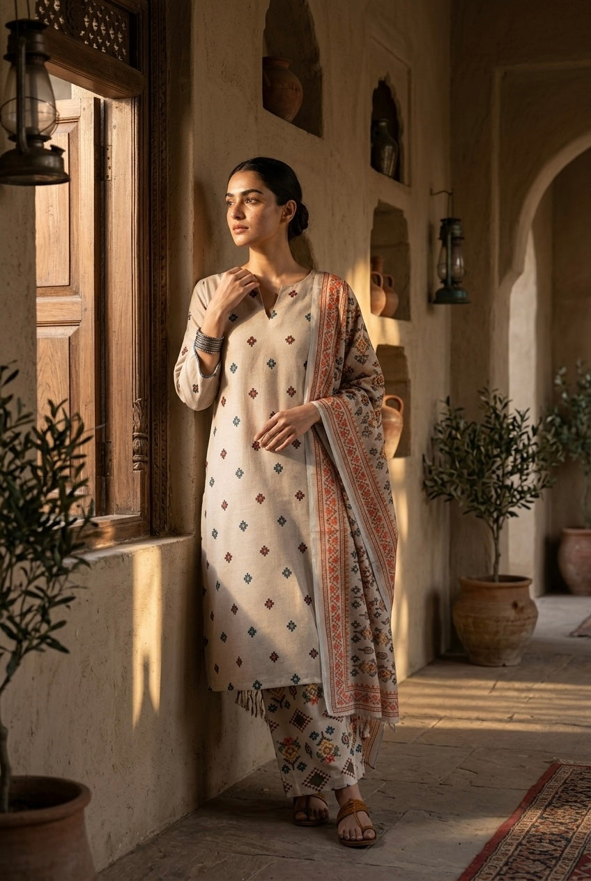 Ivory Linen Printed Suit Set | HER-641