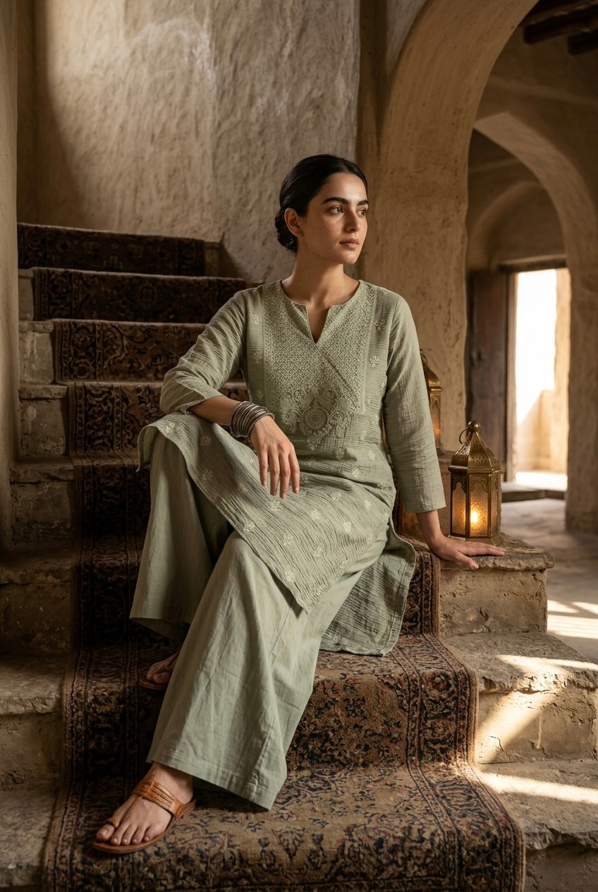 Olive Mul-Chanderi Kurta Set