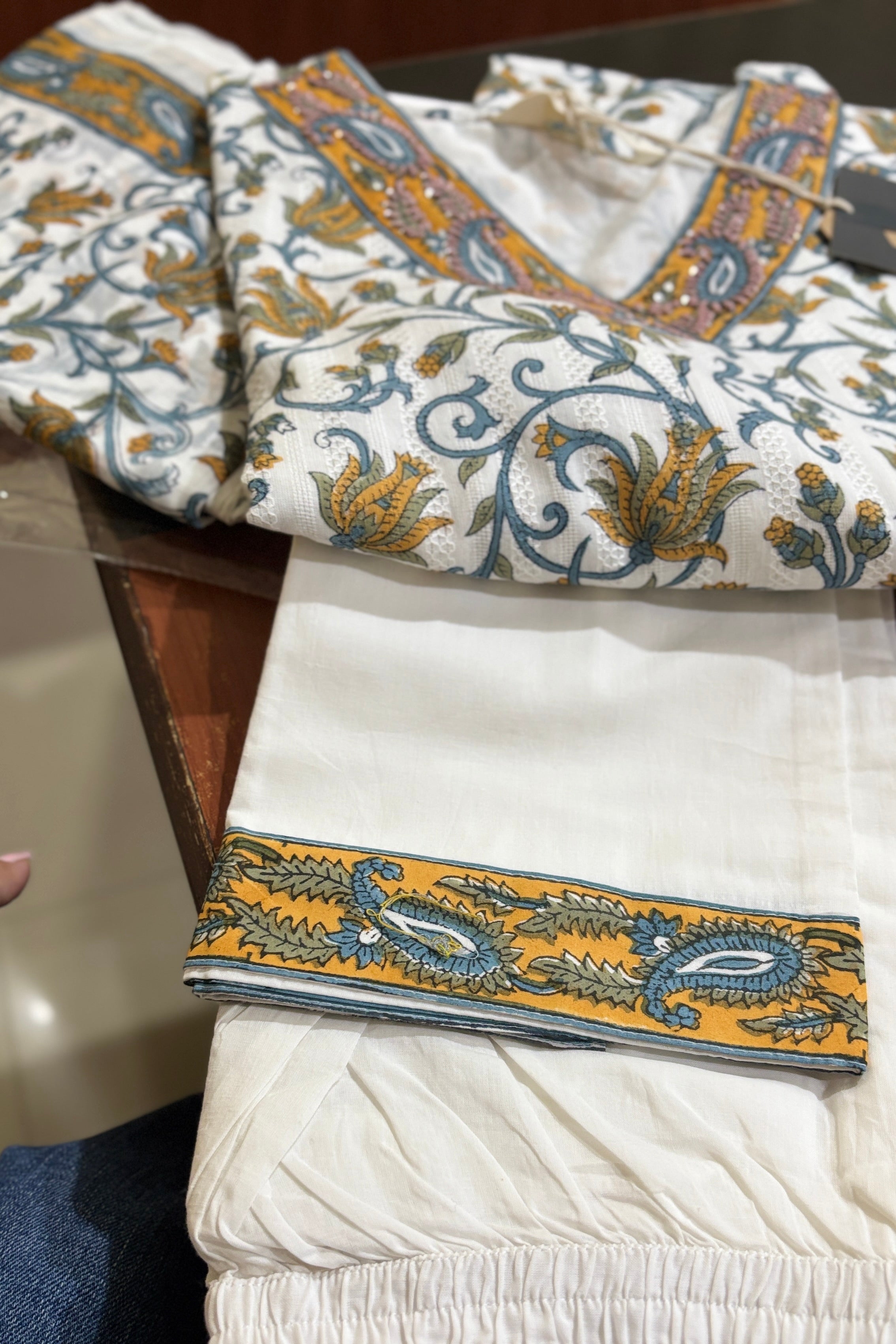 Gulnar Handblock Cotton Suit Set – White & Mustard