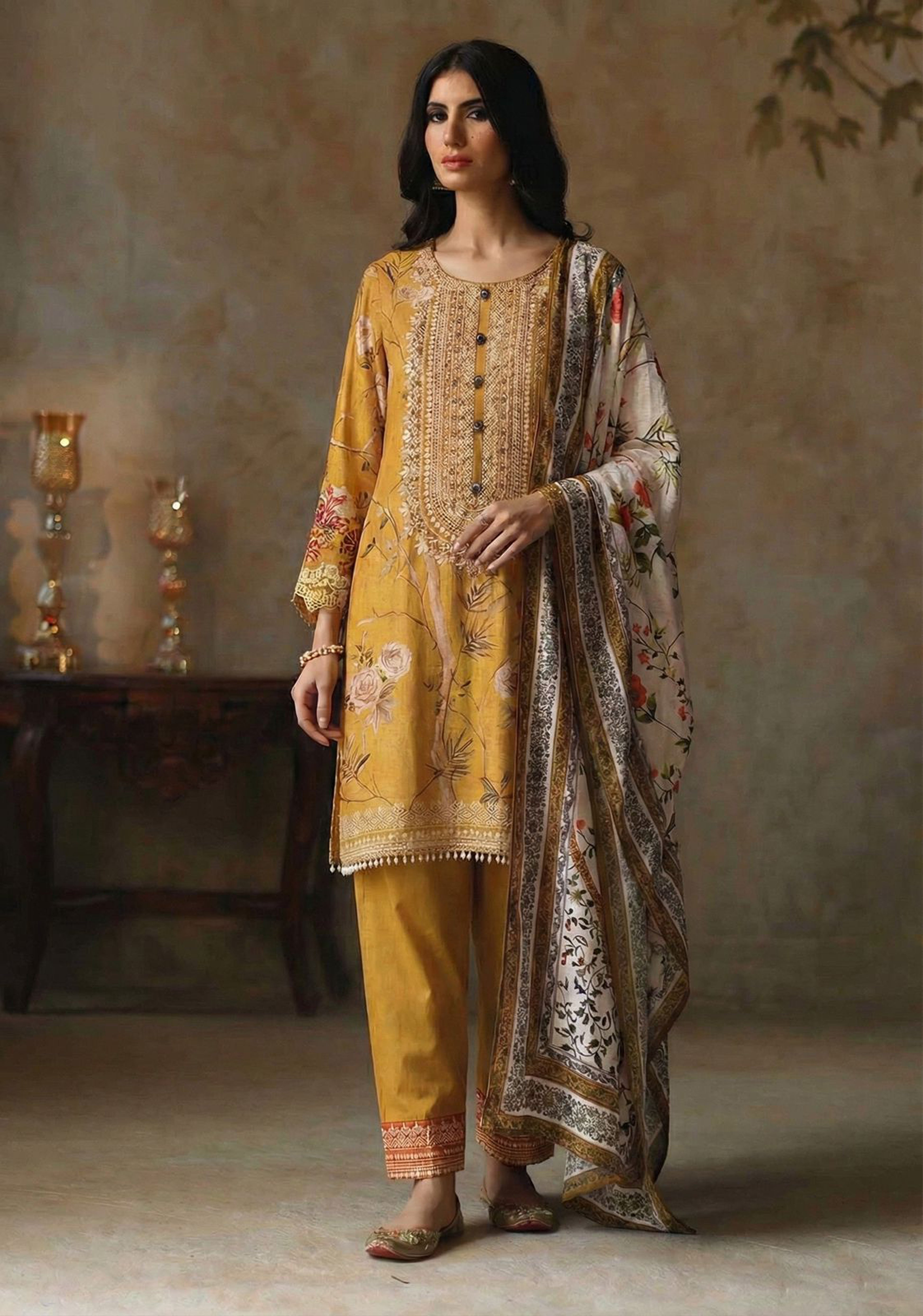 Mustard Rose Garden Embellished Suit Set | HER-614