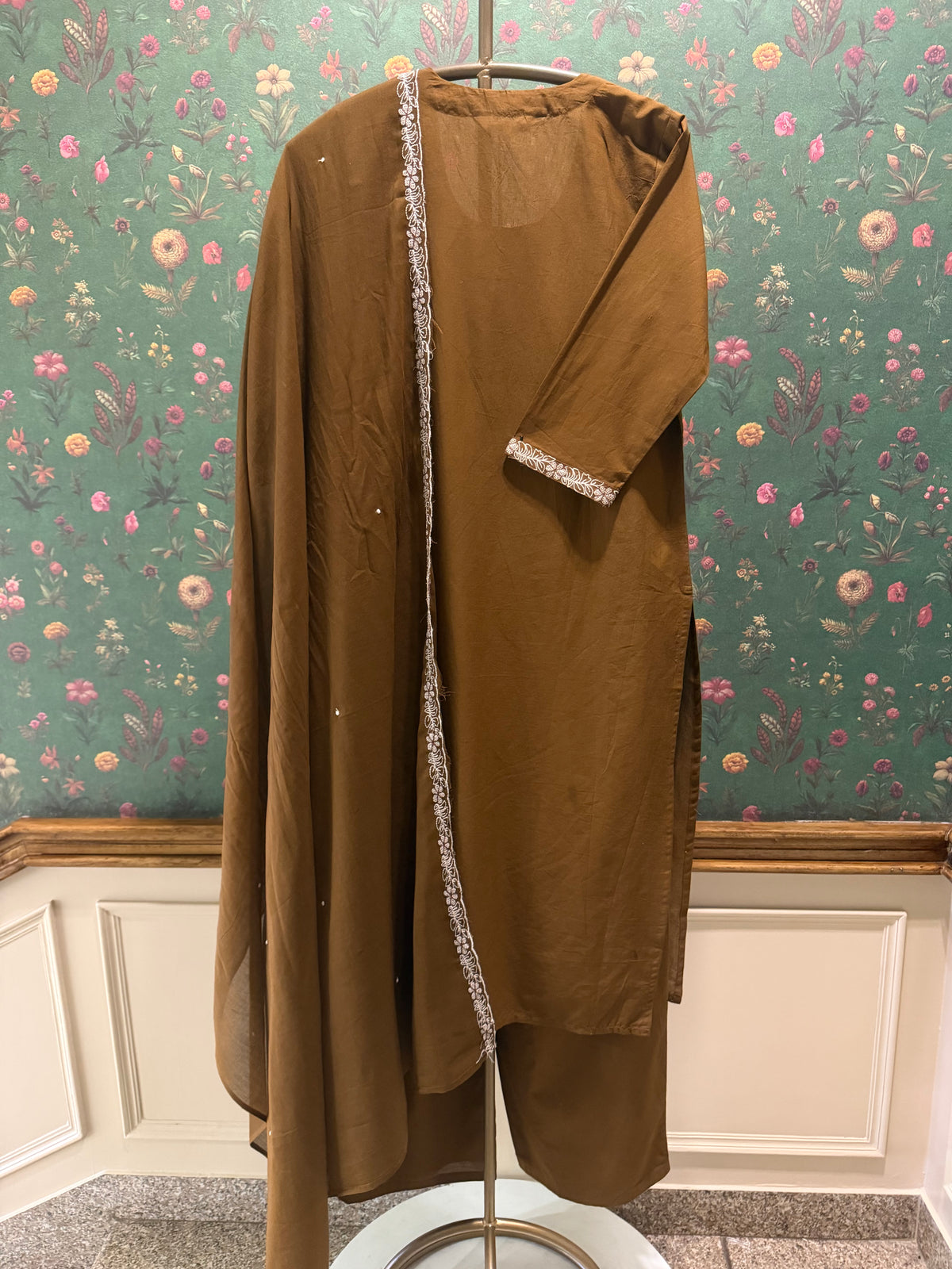 Cocoa Brown Embroidered Cotton Suit Set | HER-686