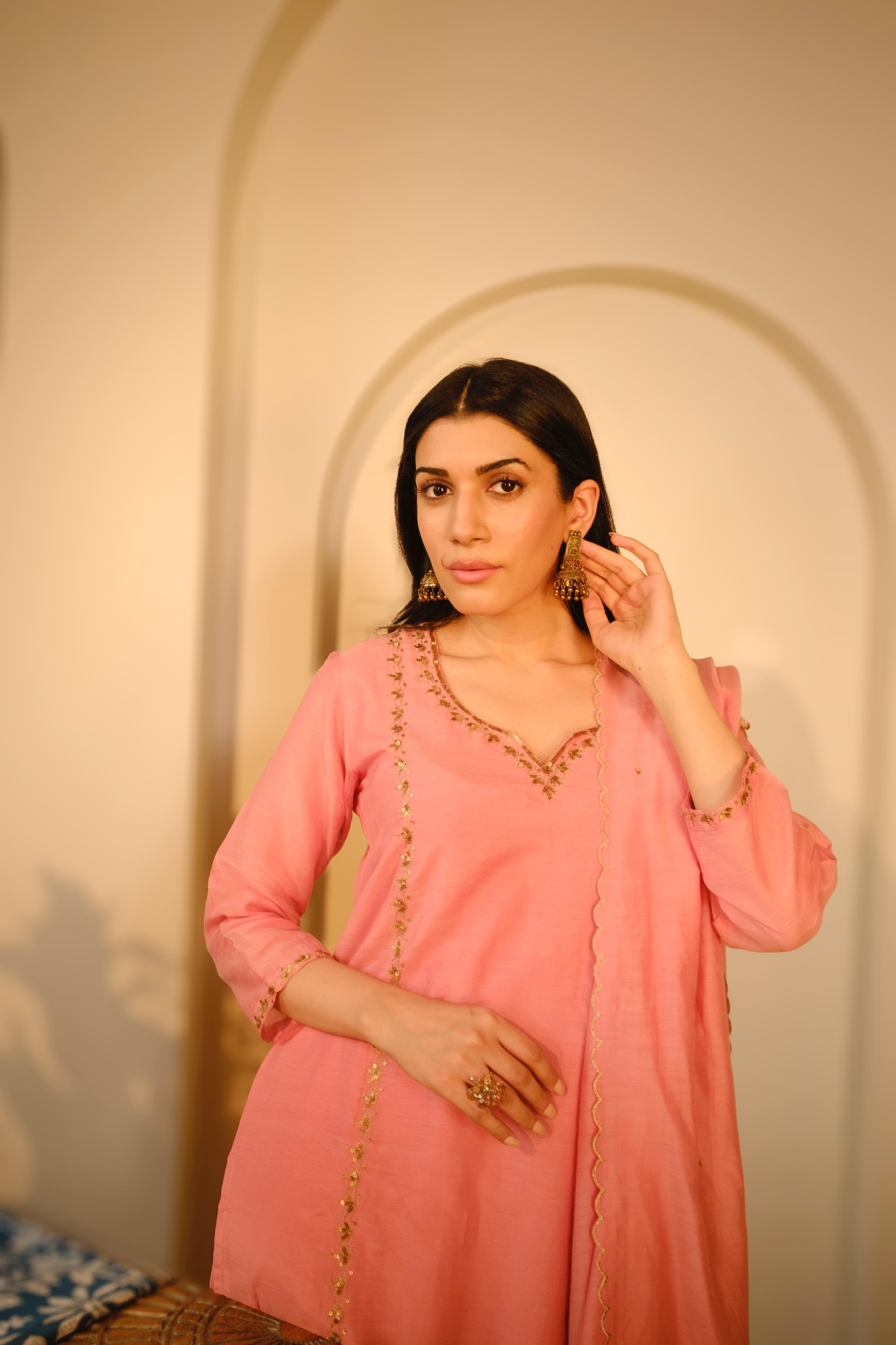 Khwabida Peach Mul Chanderi Suit Set | HER-542