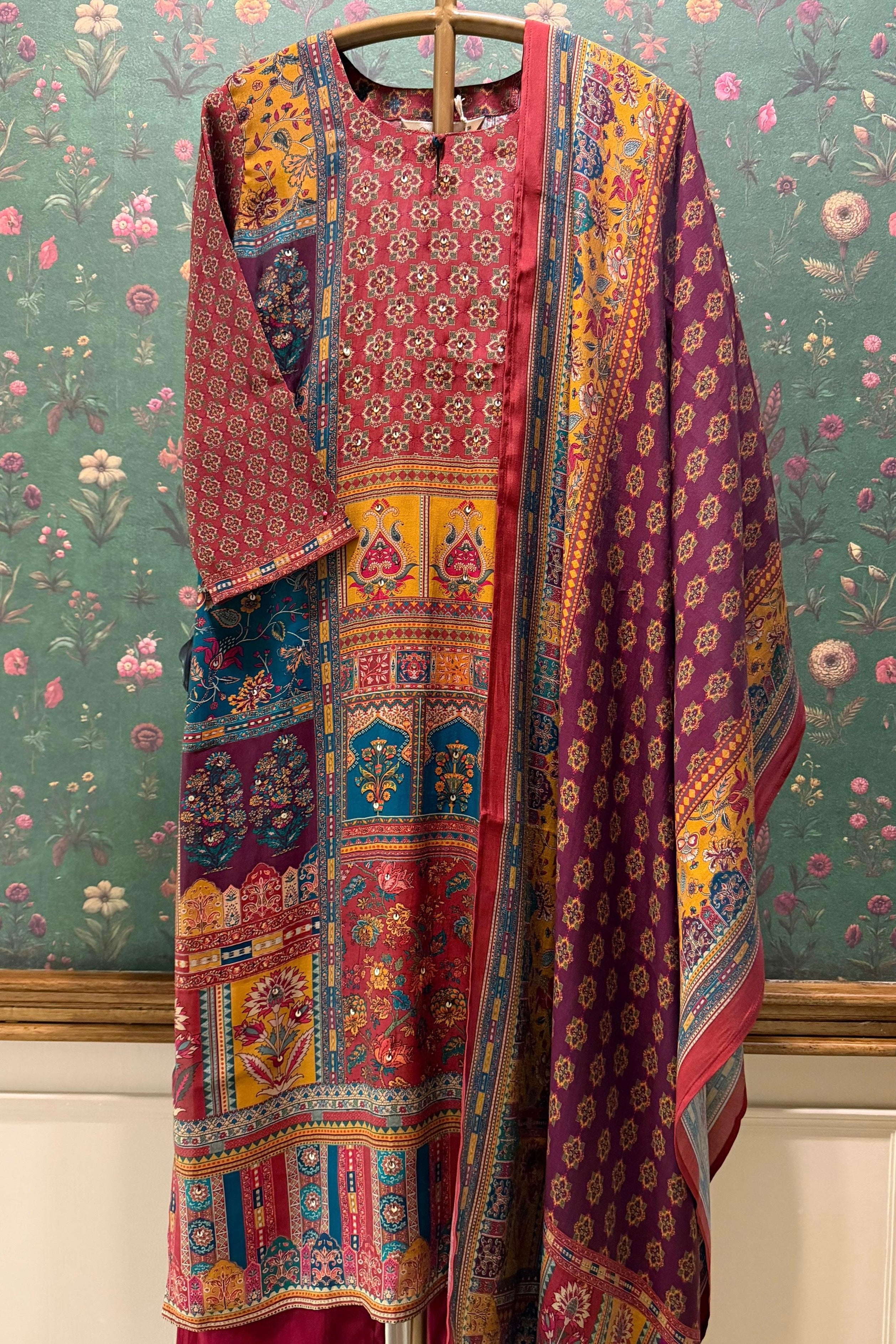 Aurelia Maroon Multicolor Muslin Suit Set | HER-569