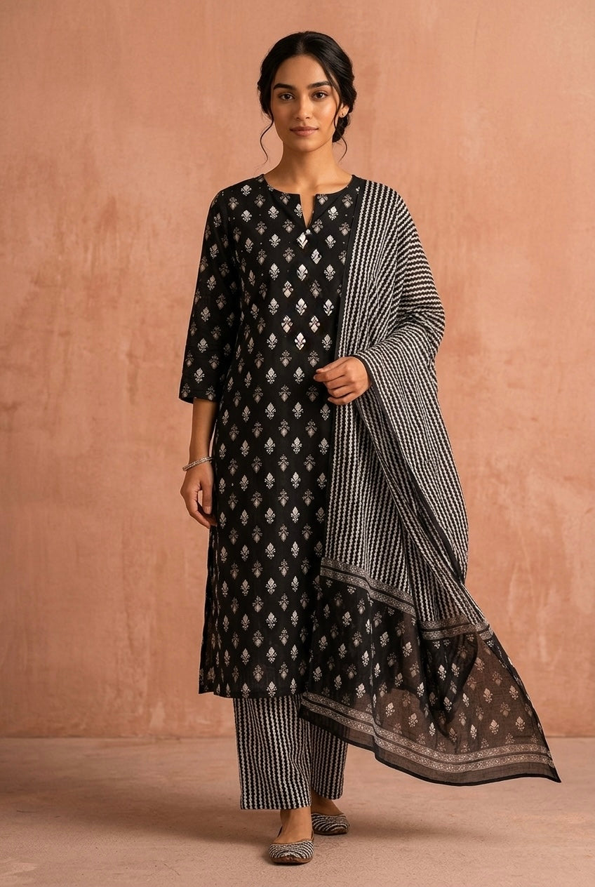 Black Buti Printed Cotton Suit Set | HER-726