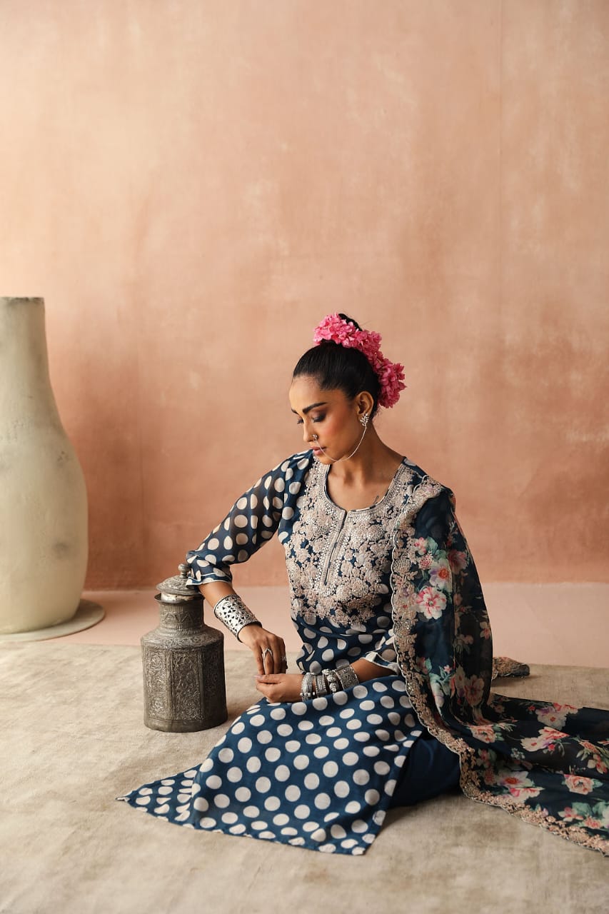 Blue Polka Chanderi Kurta Set | HER-253