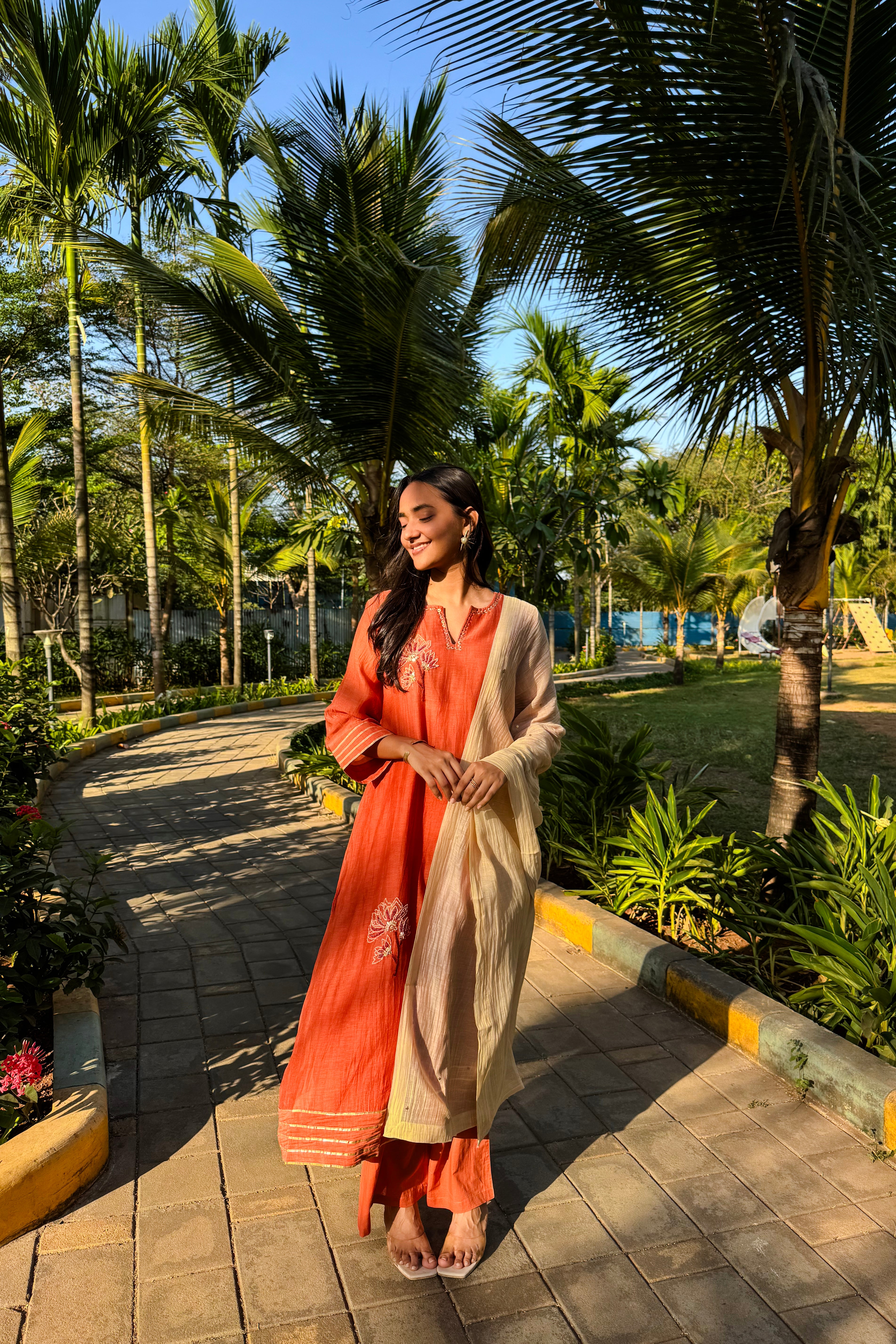Rust Orange Embroidered A-Line Mul Chanderi Suit Set x Gargi Shah | HER-624