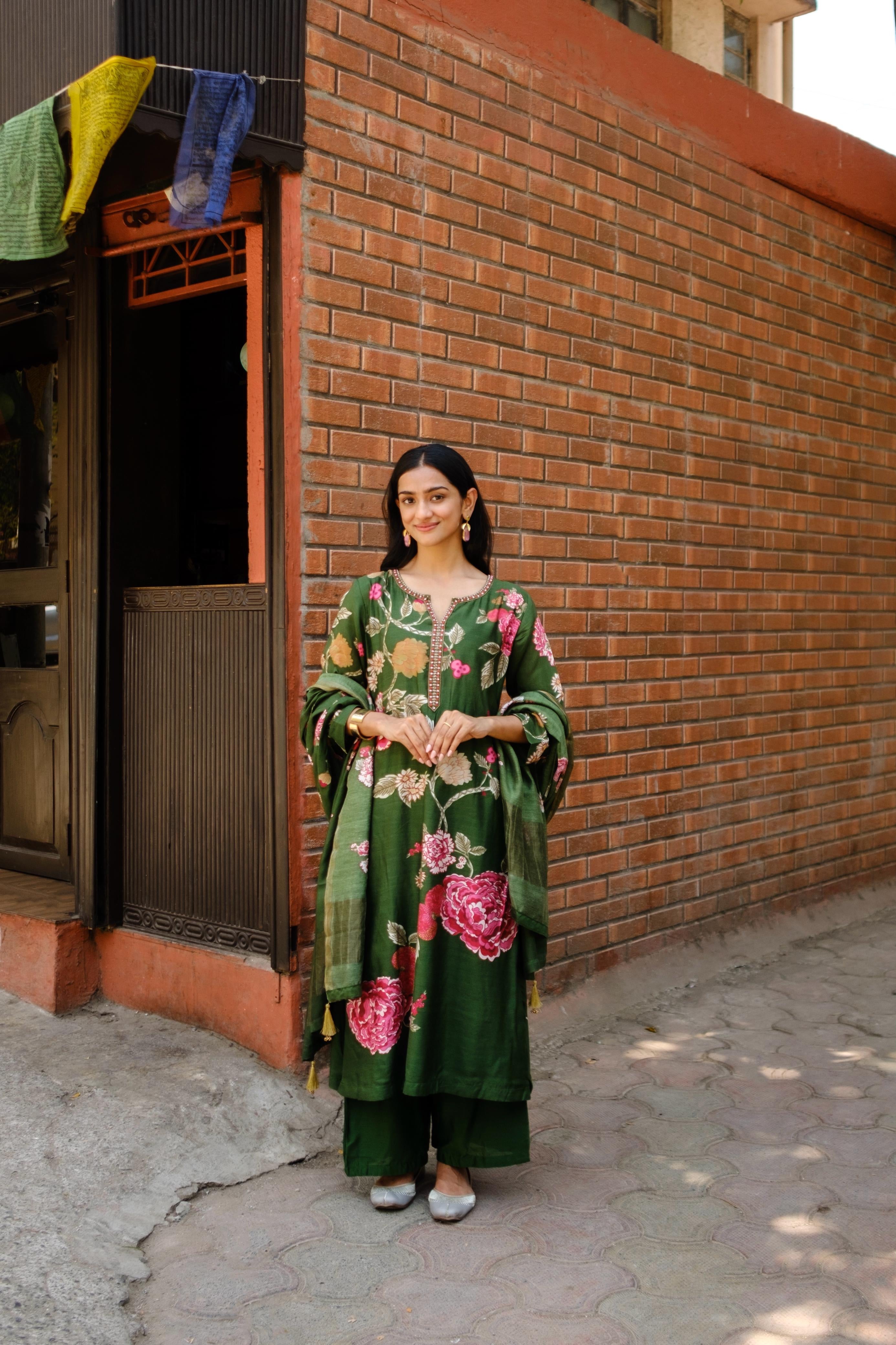 Emerald Green Floral Chanderi Suit Set | HER-605