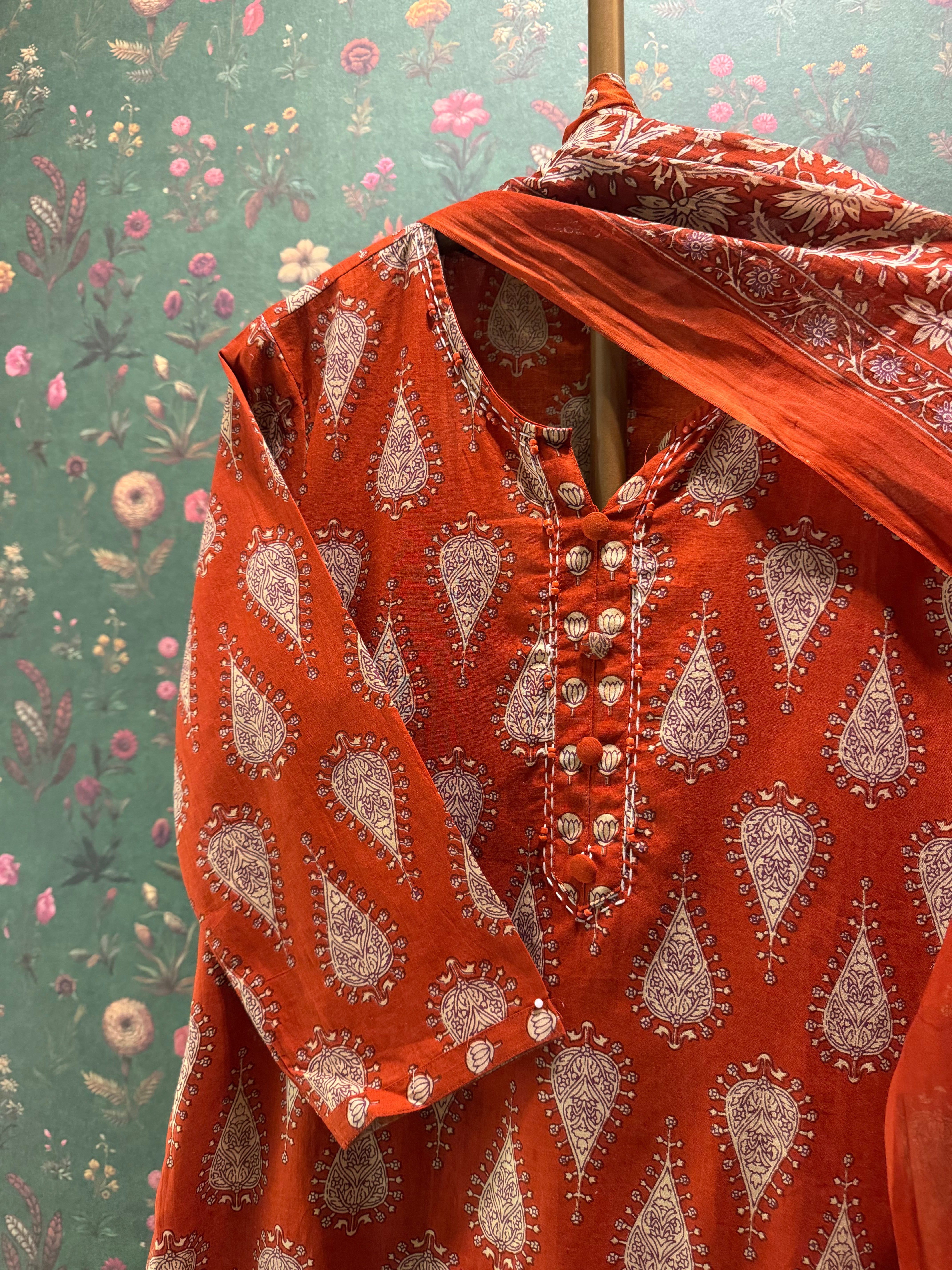 Rust Red Cotton Printed Suit Set | HER-691