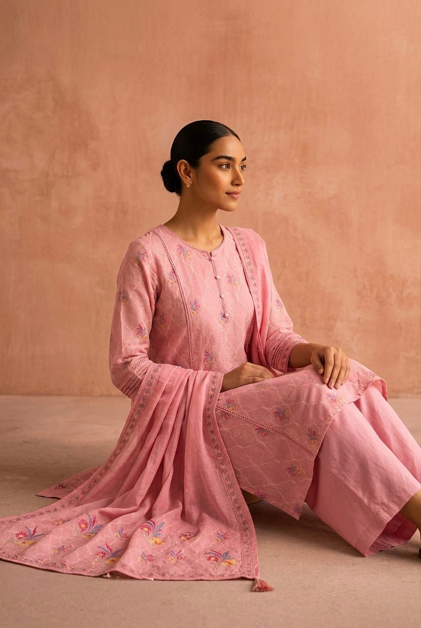 Blush Pink Printed Cotton Linen Suit Set | HER-769