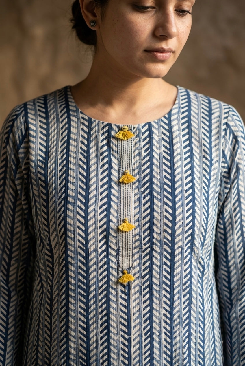 Indigo Mustard Handblock Printed Linen Suit Set