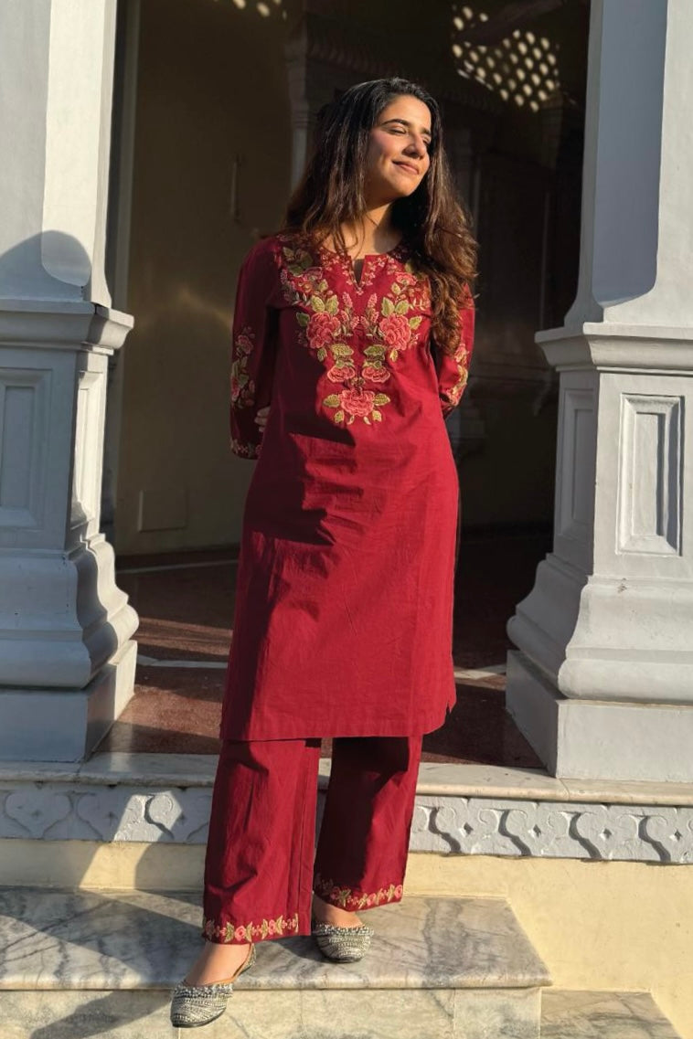 Berry Red Embroidered Kurta Set | HER-721