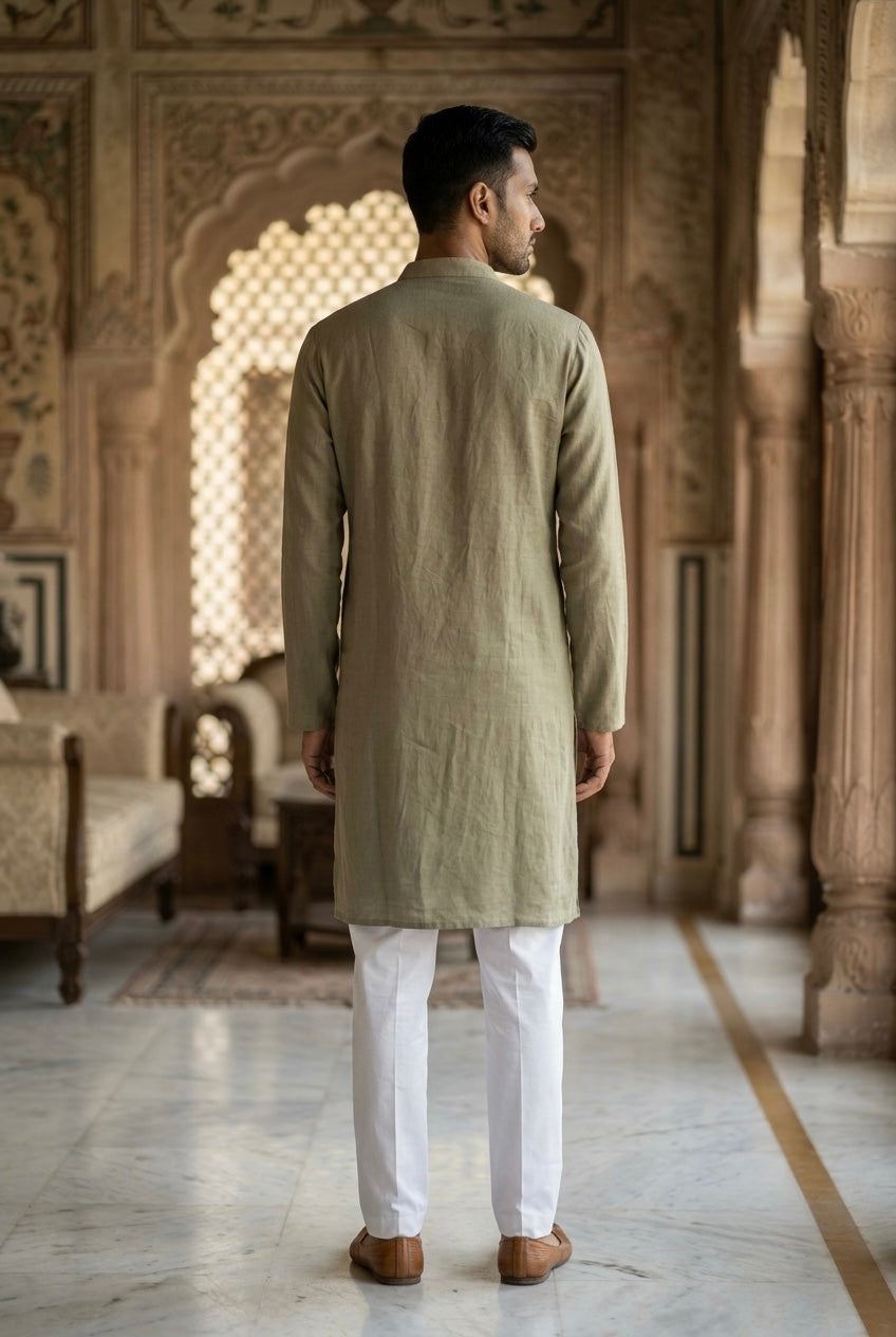 Men’s Pure Linen Kurta Pajama Set – Sage Green
