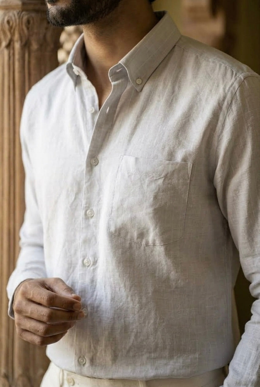 Men’s Off-White Striped Pure Linen Full Sleeves Shirt