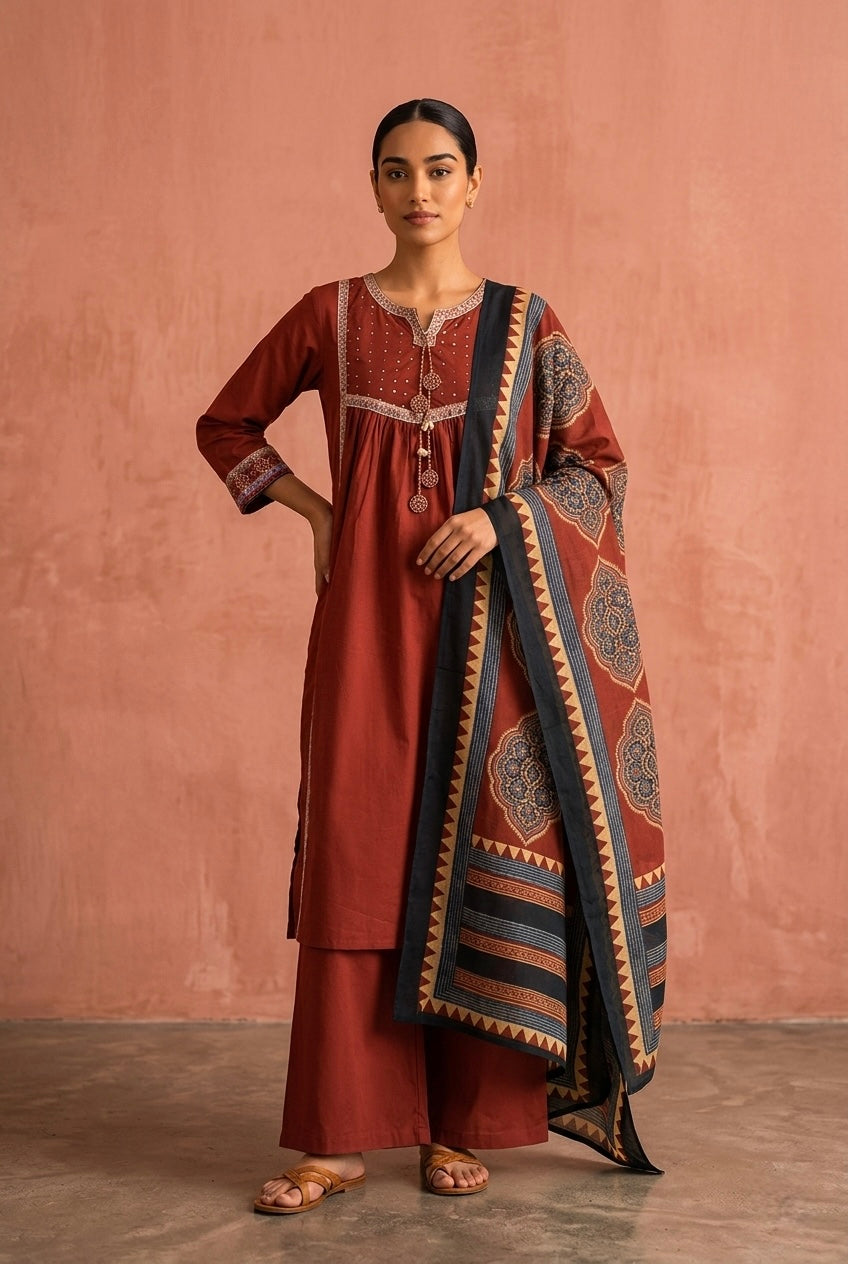 Rust Gathered Yoke Cotton Suit Set | HER-694