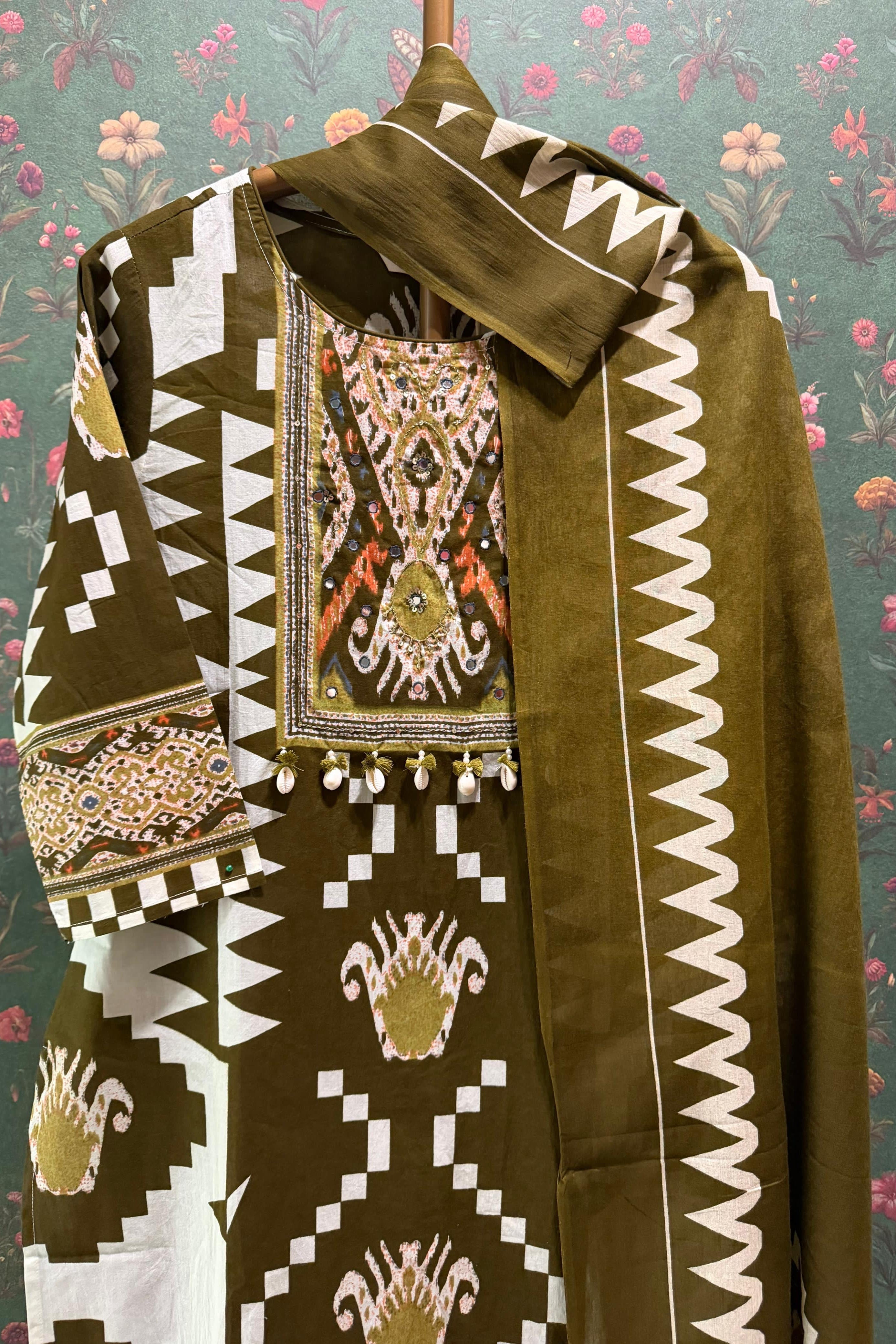 Kanak Ikat Olive Green Handcrafted Suit Set | HER-748