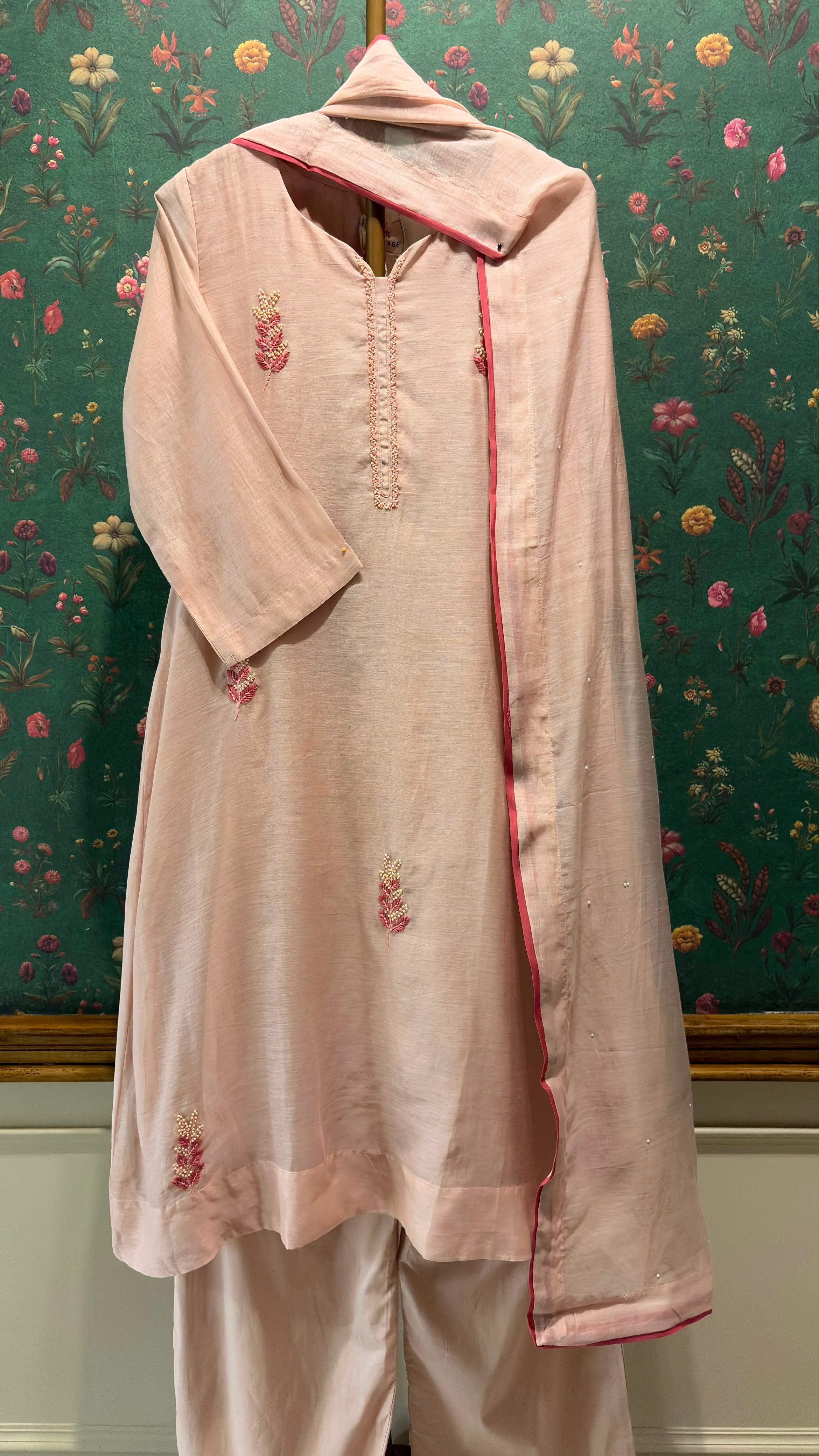 Blush Peach Pearl Embroidered Mul Chanderi A-Line Suit Set