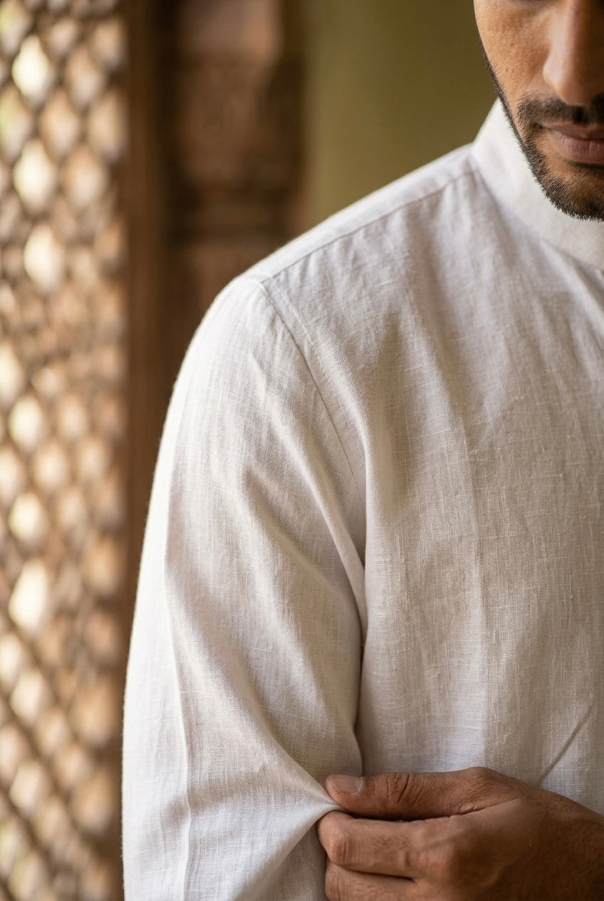 Men’s Pure Linen Kurta Pajama Set – Ivory White