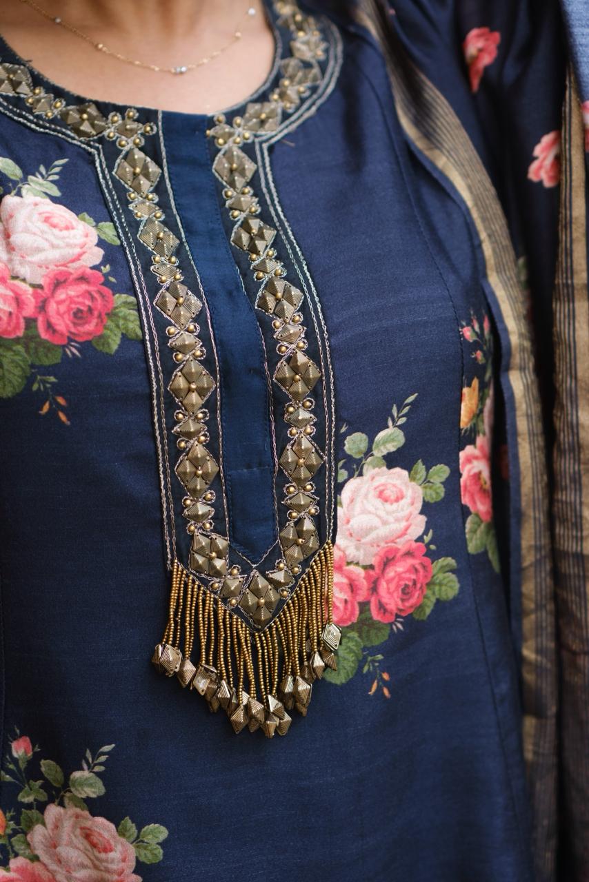 Twilight Black Floral Chanderi A-Line Suit Set x Celina | HER-607