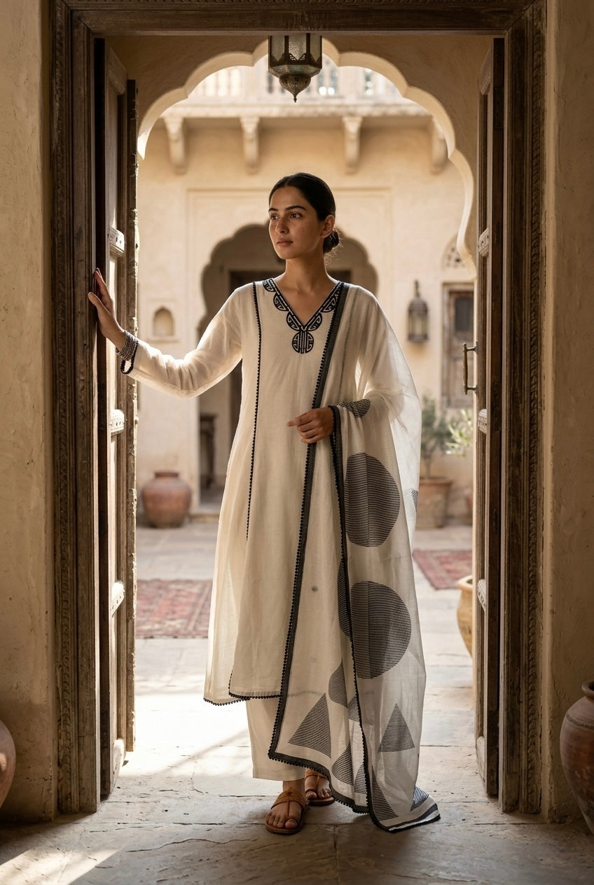 Ivory & Black Pure Linen A-line Suit Set | HER-823