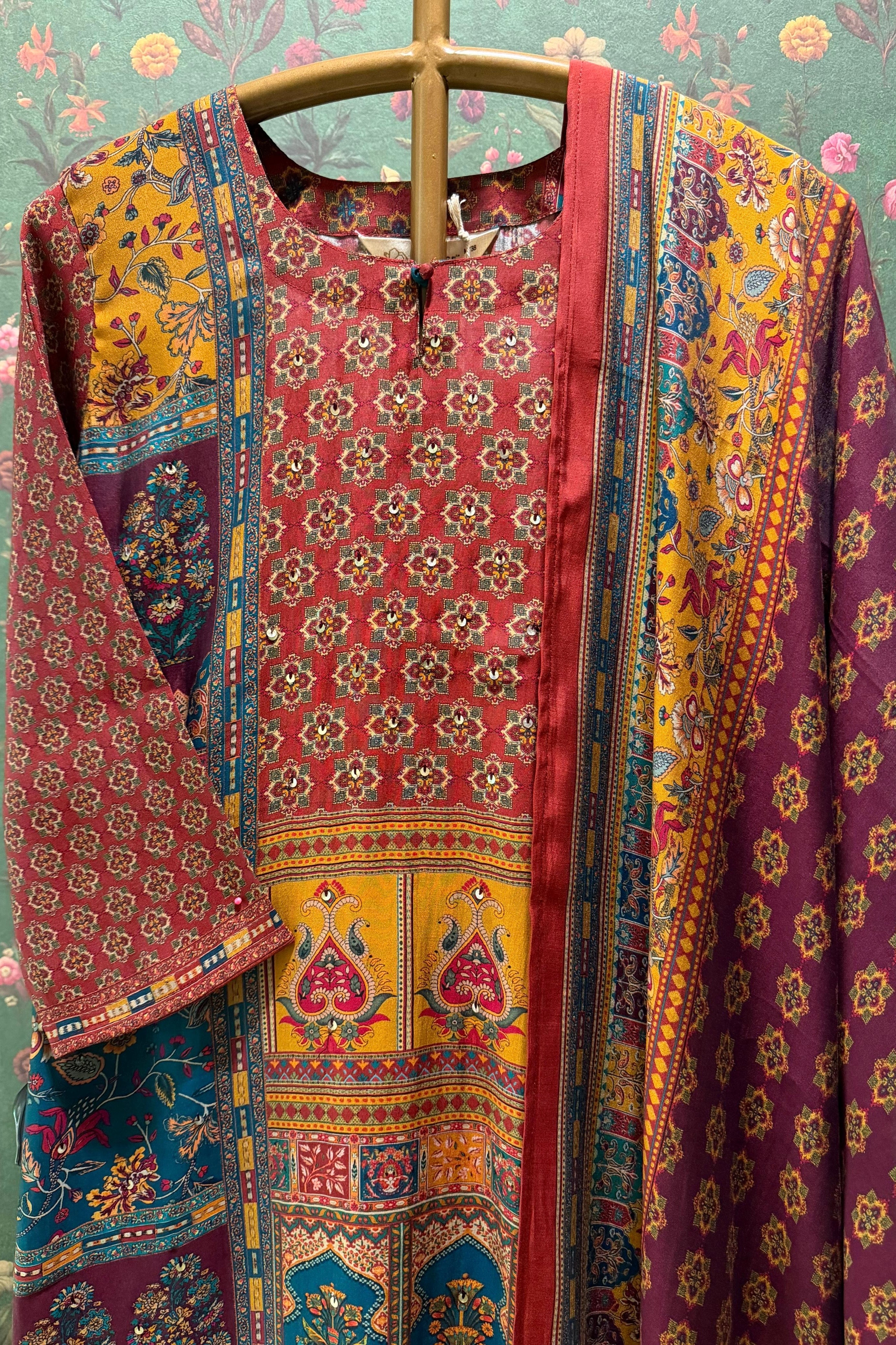 Aurelia Maroon Multicolor Muslin Suit Set | HER-569