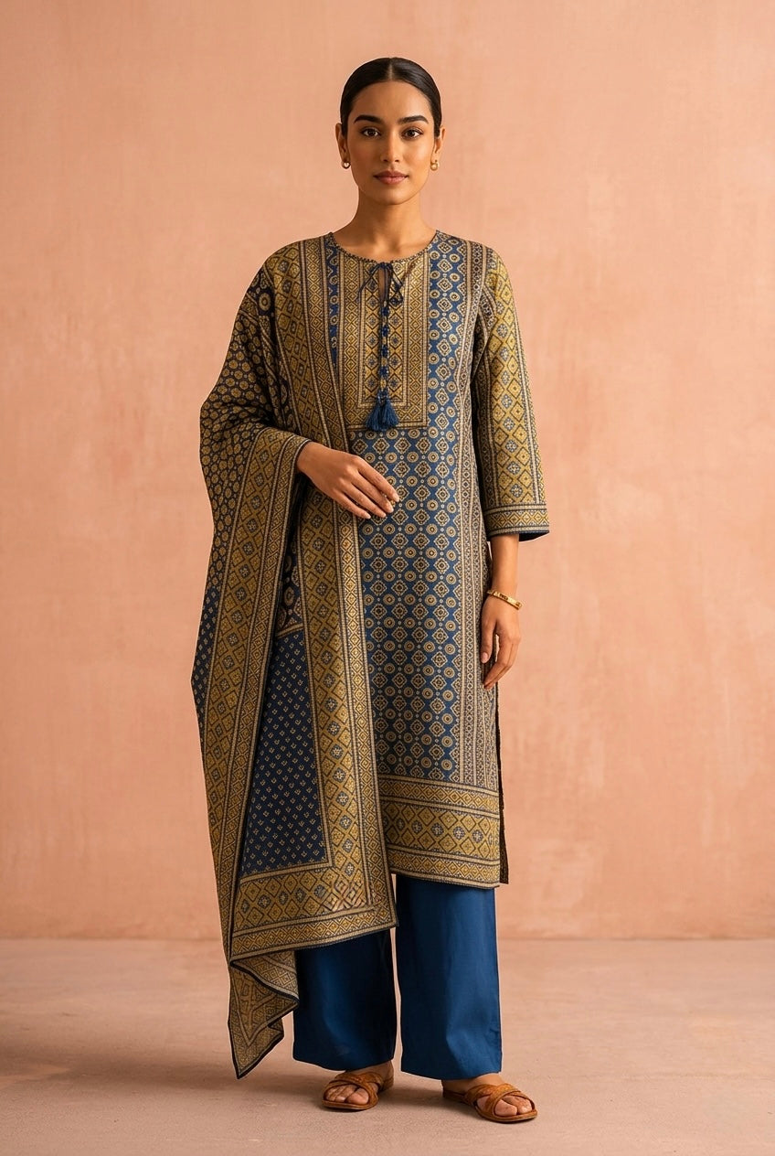 Blue Ajrakh Pure Crepe Suit Set | HER-634