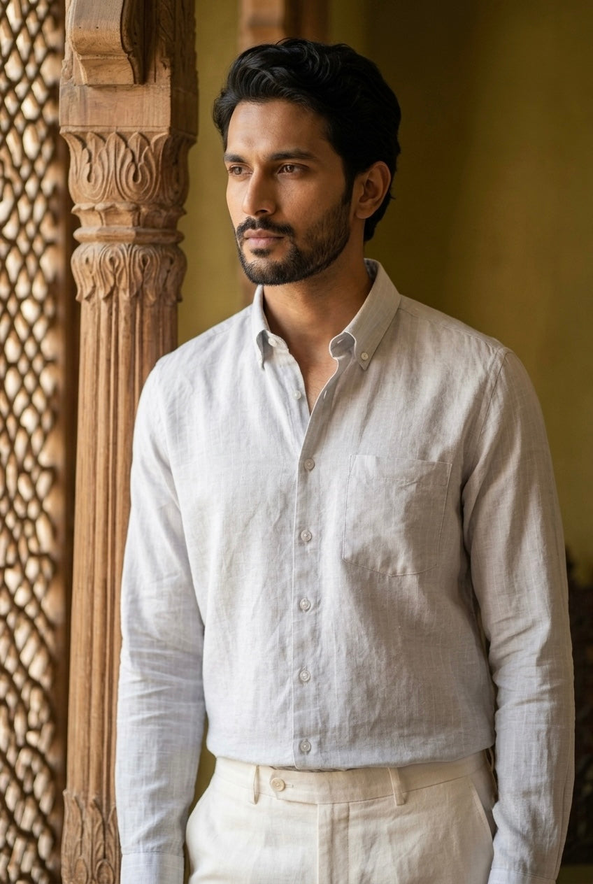 Men’s Off-White Striped Pure Linen Full Sleeves Shirt