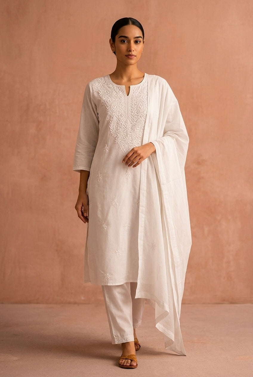 White Cotton Chikankari Suit Set | HER-531