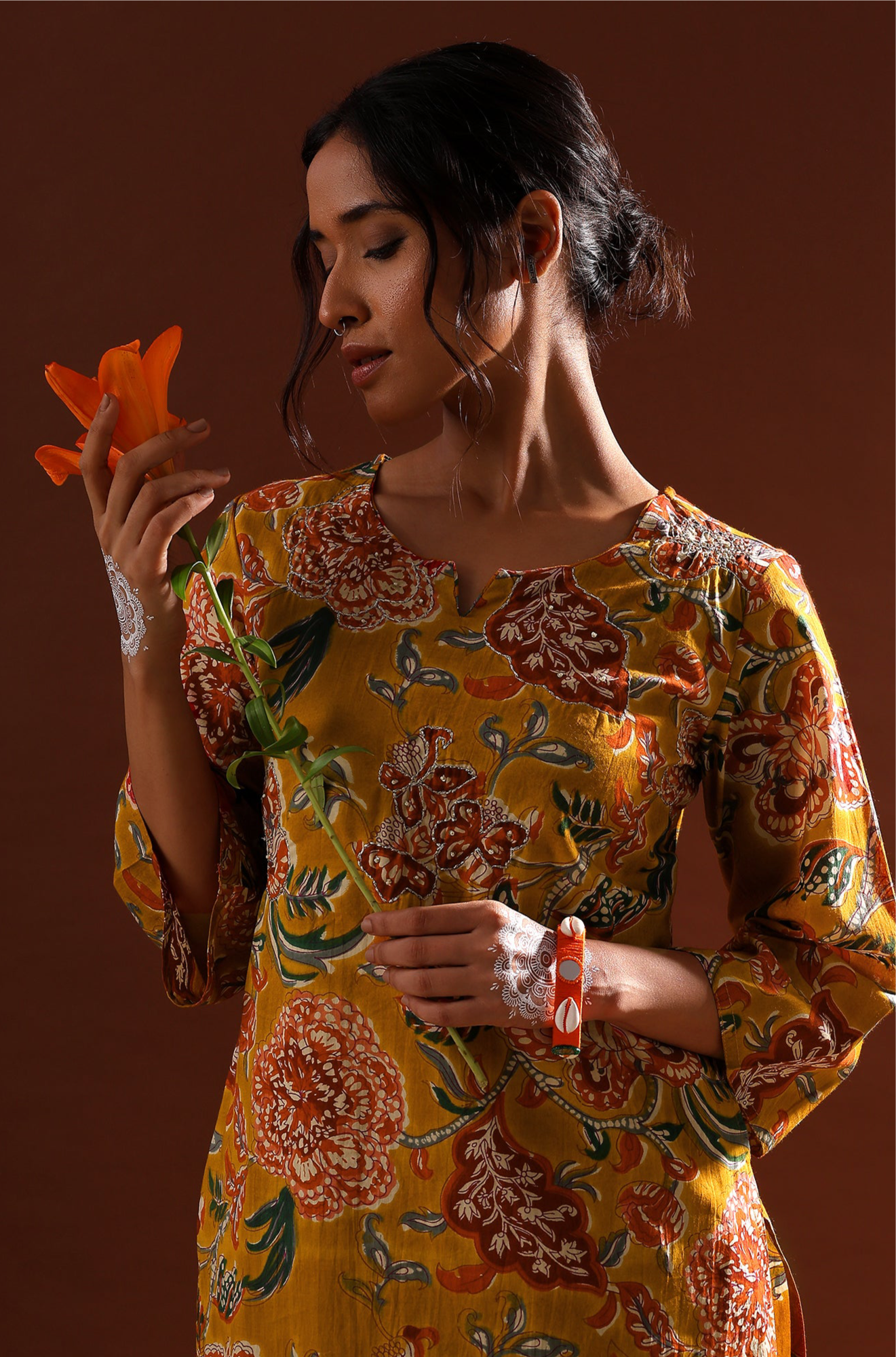 Mustard Yellow Floral Cotton Co-ord Set | HER-533