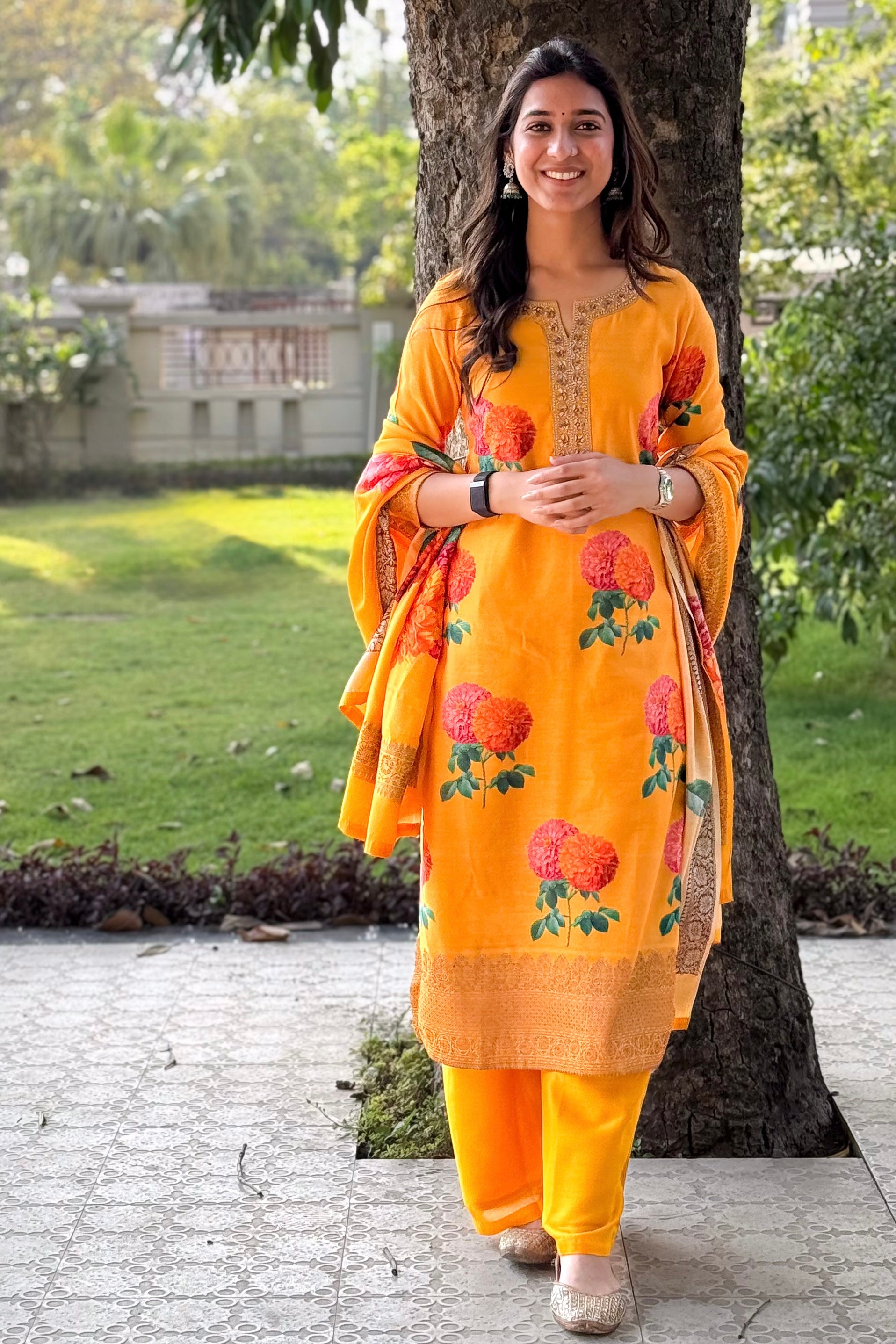 Yellow Floral Chanderi Suit Set | HER-608