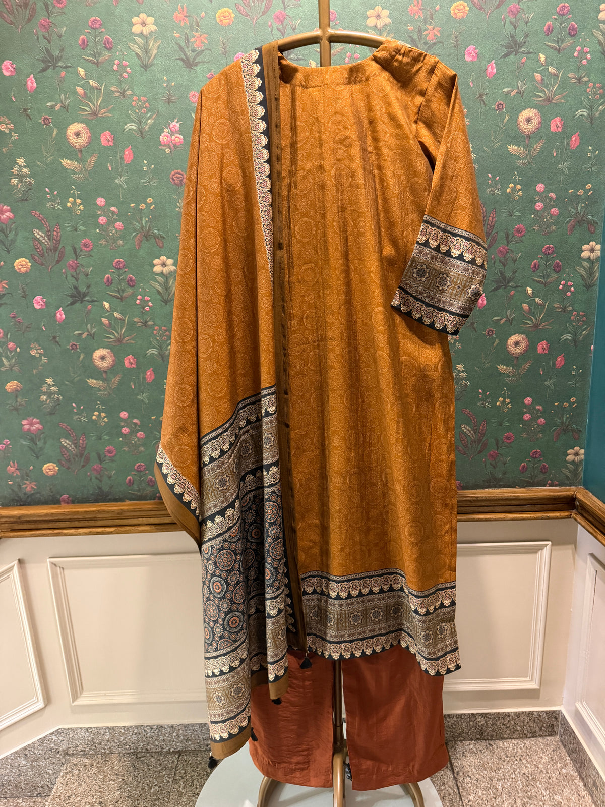Mustard Brown Printed Muslin Suit Set
