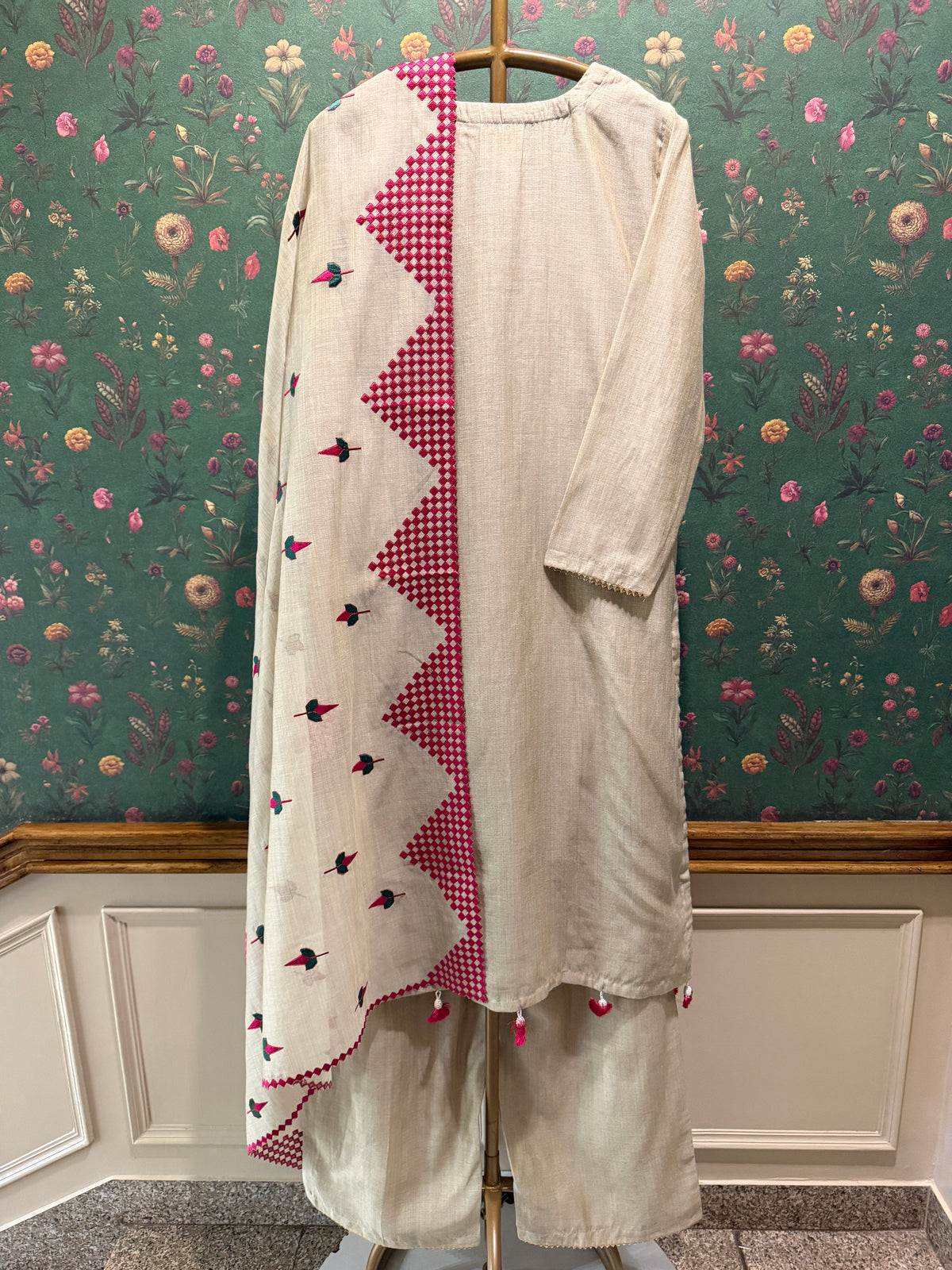 Ivory Beige and Pink Embroidered Pure Chanderi Suit Set