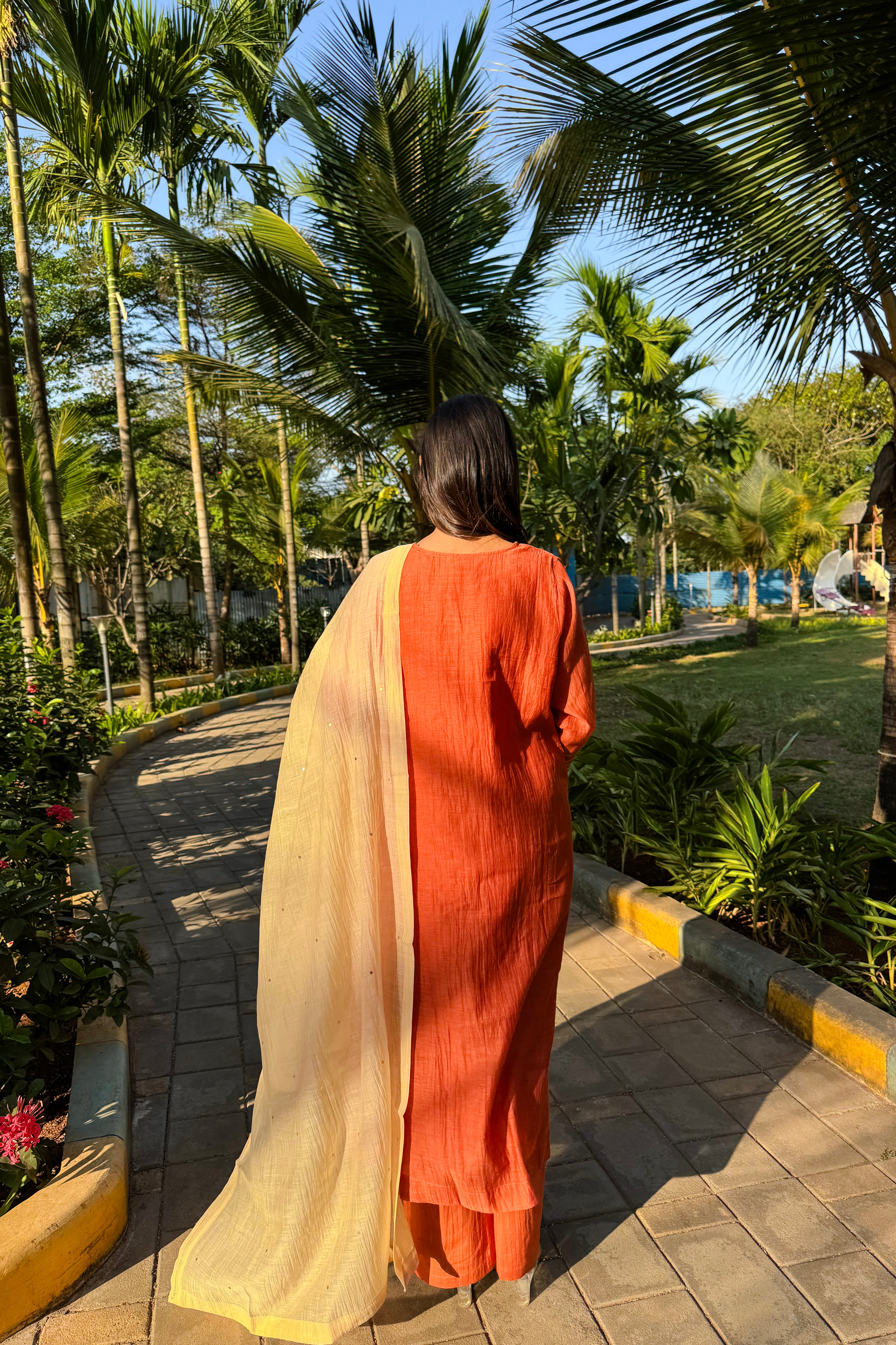Rust Orange Embroidered A-Line Mul Chanderi Suit Set x Gargi Shah | HER-624