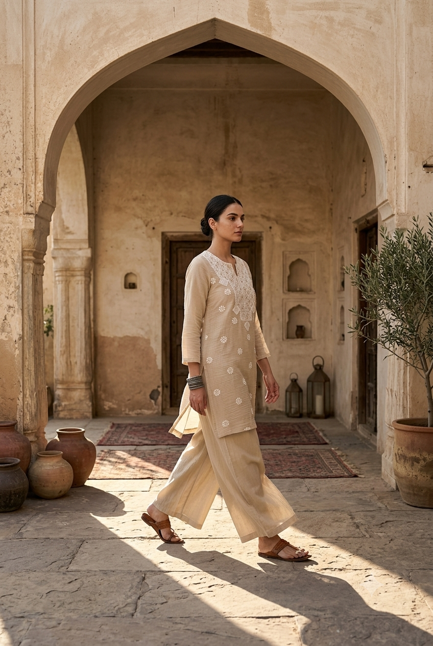 Sand Beige Mul-Chanderi Kurta/Co-ord Set