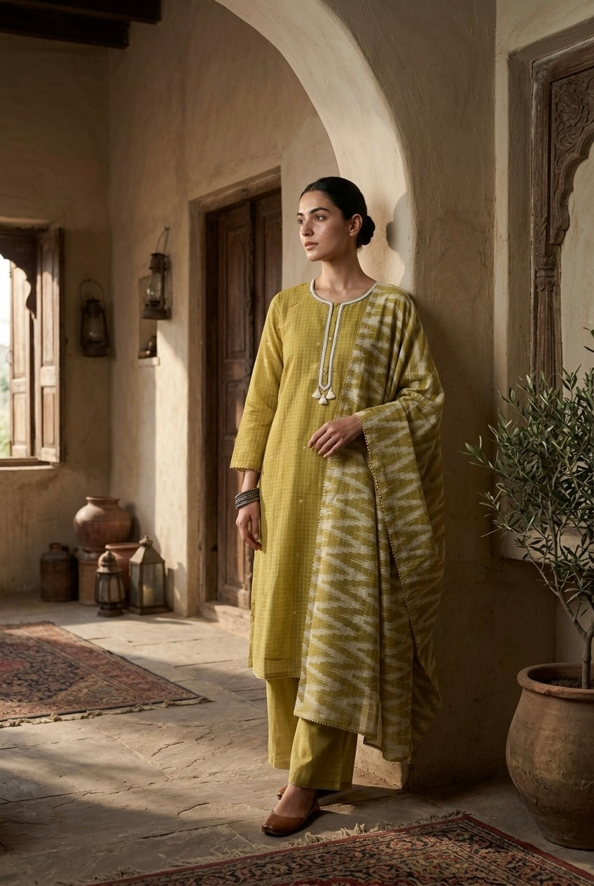 Olive Mustard Handwoven Check Pure Chanderi Suit Set