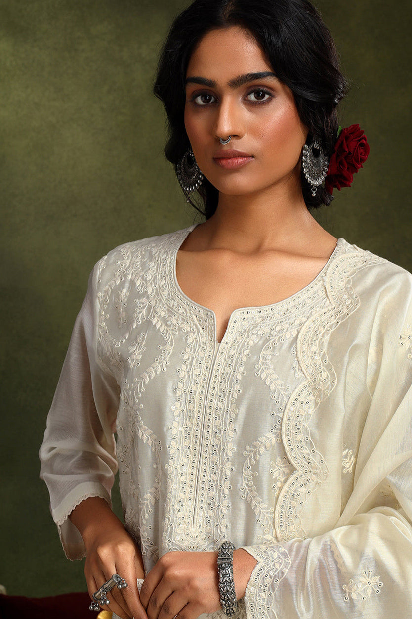 Ziya Off-White Chanderi Suit Set | HER-418