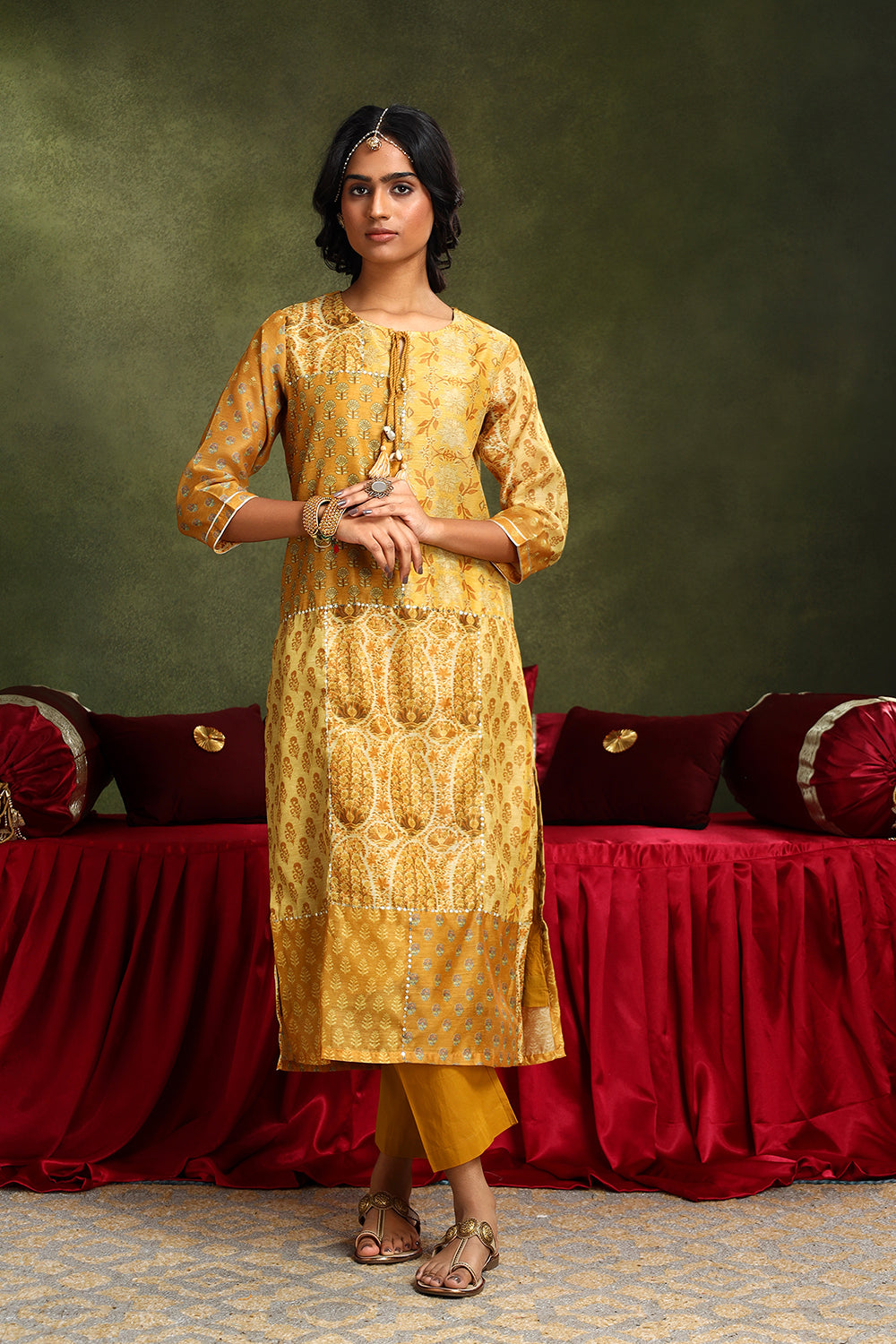 Floral Mustard Yellow Chanderi Suit Set | HER-399