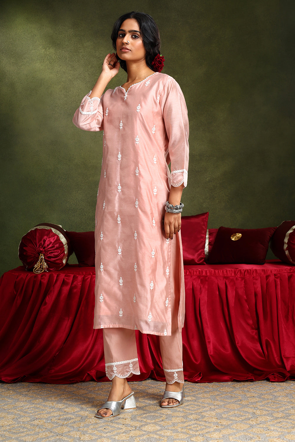 Pastel Pink Hand-Embroidered Chanderi Suit Set | HER-406