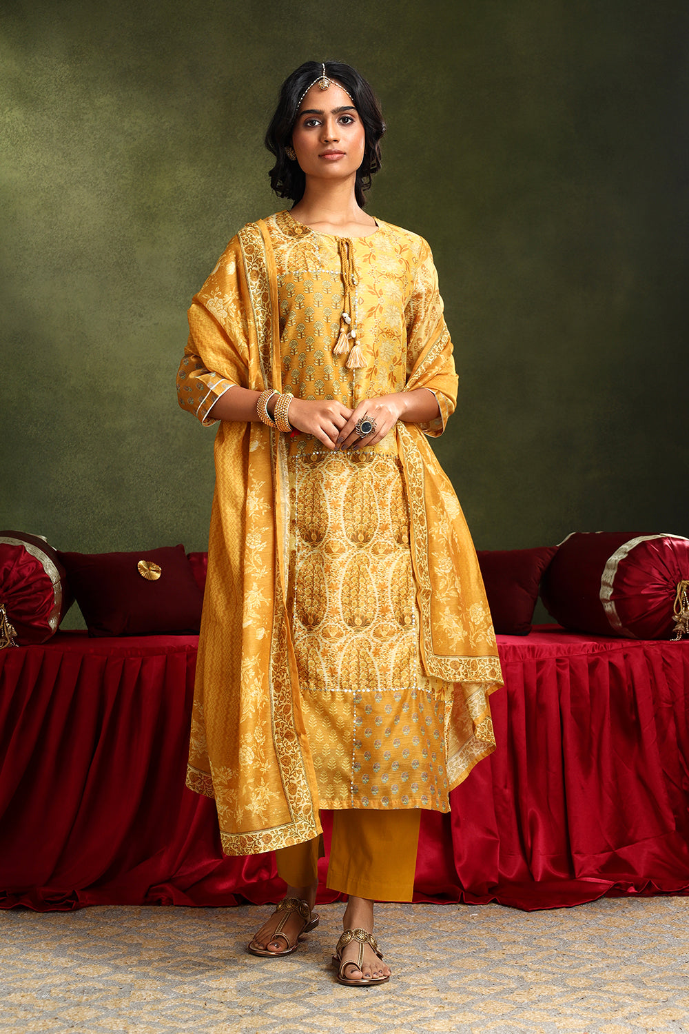 Floral Mustard Yellow Chanderi Suit Set | HER-399