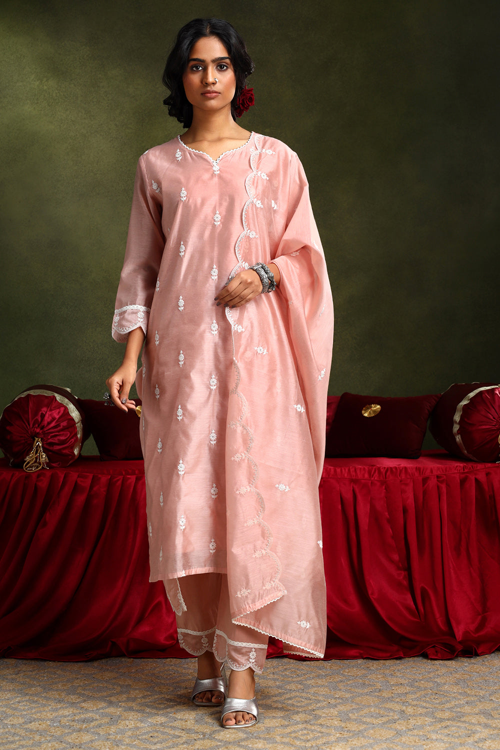 Pastel Pink Hand-Embroidered Chanderi Suit Set | HER-406