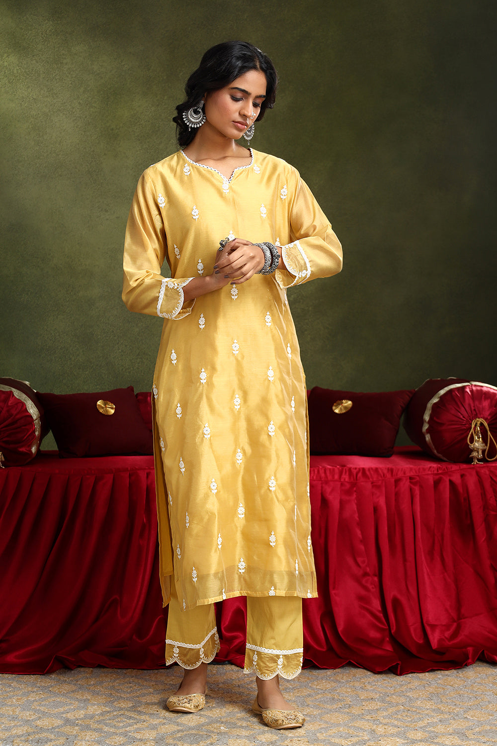 Mustard Yellow Hand-Embroidered Chanderi Suit Set | HER-406