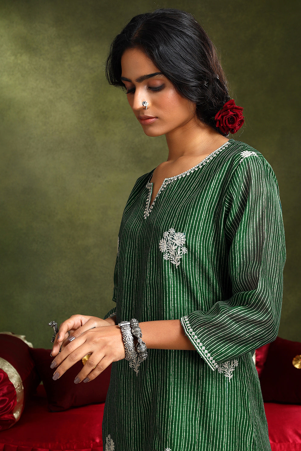 Floral Green Chanderi Suit Set me