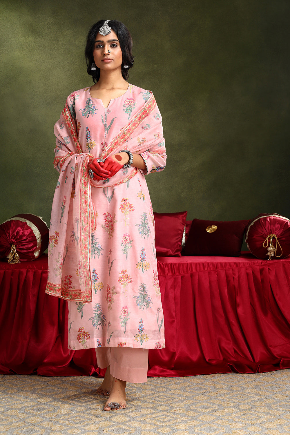 Floral Blush Pink Chanderi Suit Set | HER-420