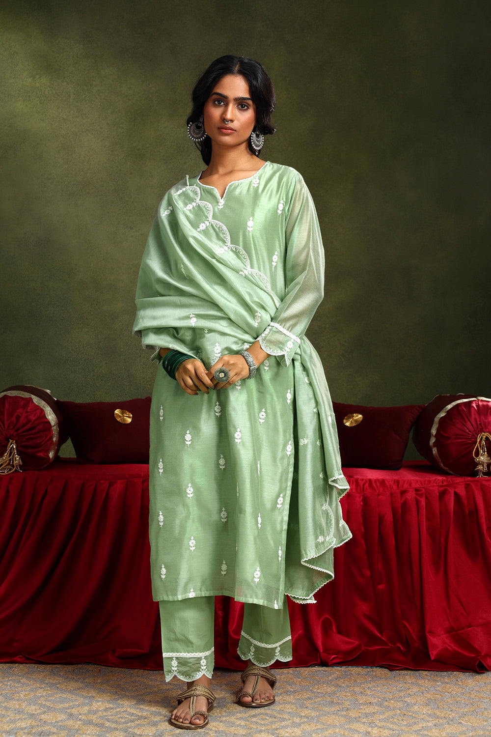Pastel Green Hand-Embroidered Chanderi Suit Set | HER-406