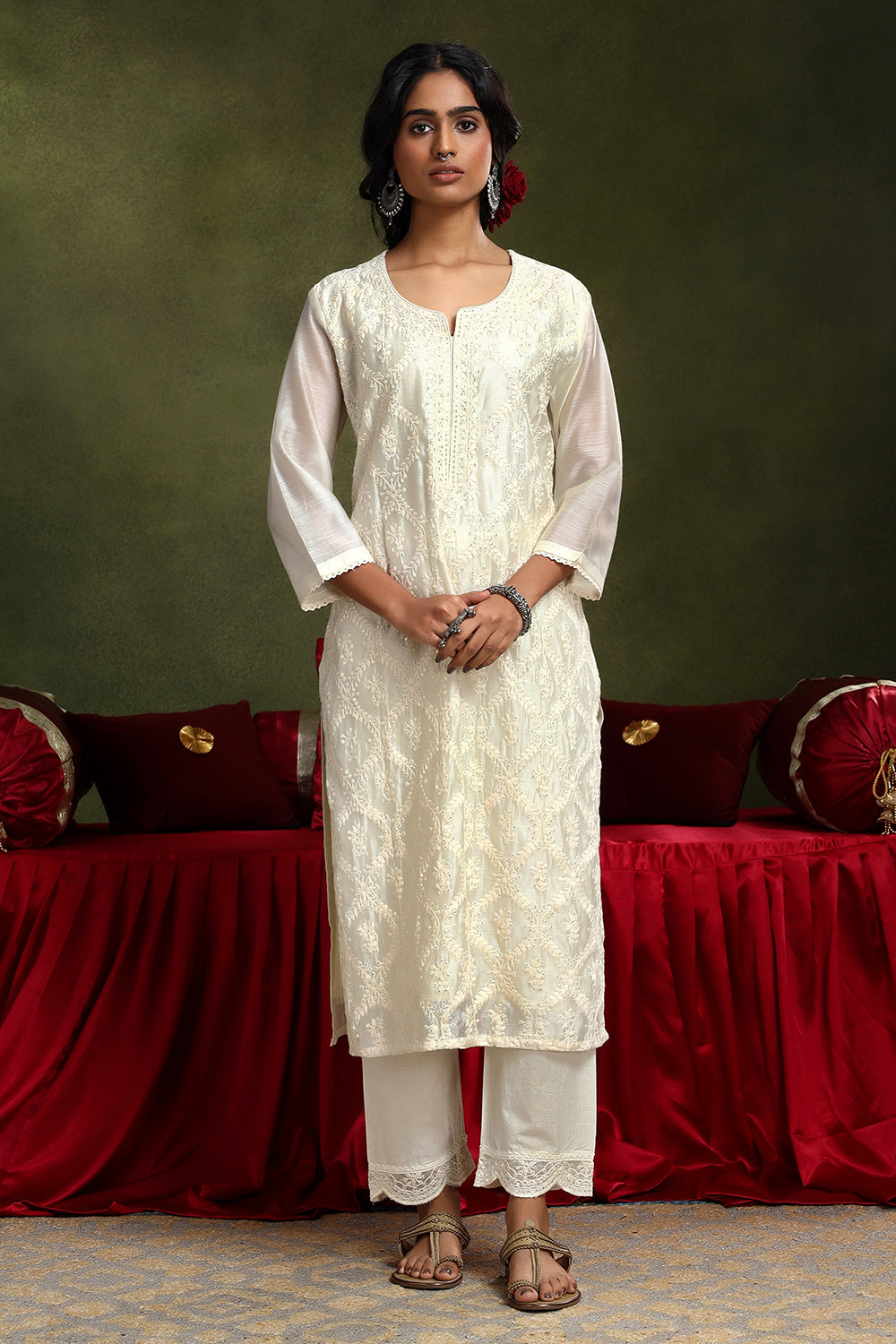 Ziya Off-White Chanderi Suit Set | HER-418